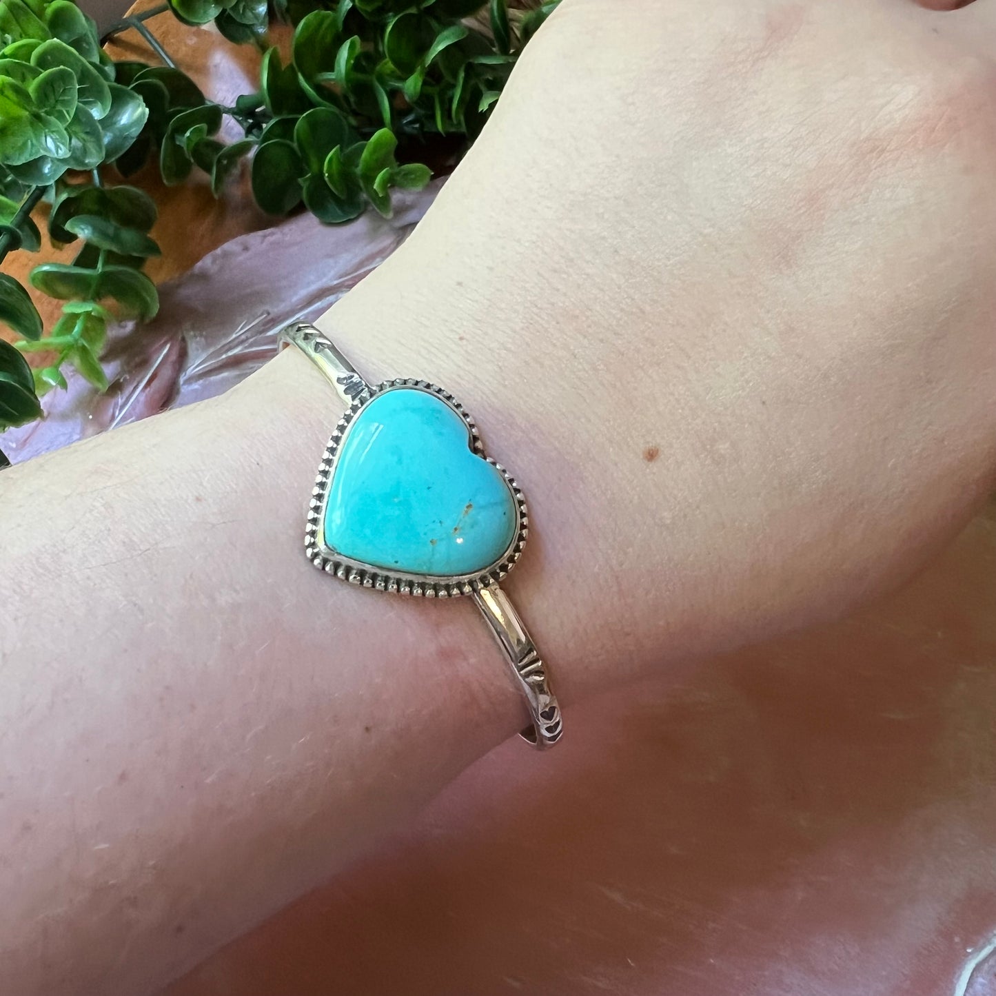 Kingman Turquoise Heart Cuff Bracelet Sterling Silver Adjustable