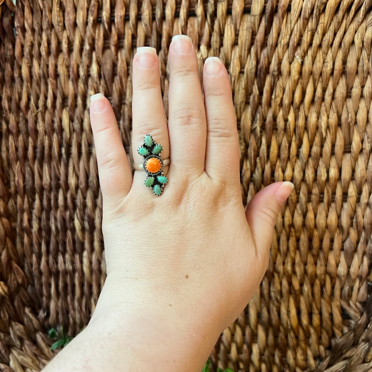 Sterling Silver Spiny Oyster Turquoise Cluster Ring Adjustable Size 9