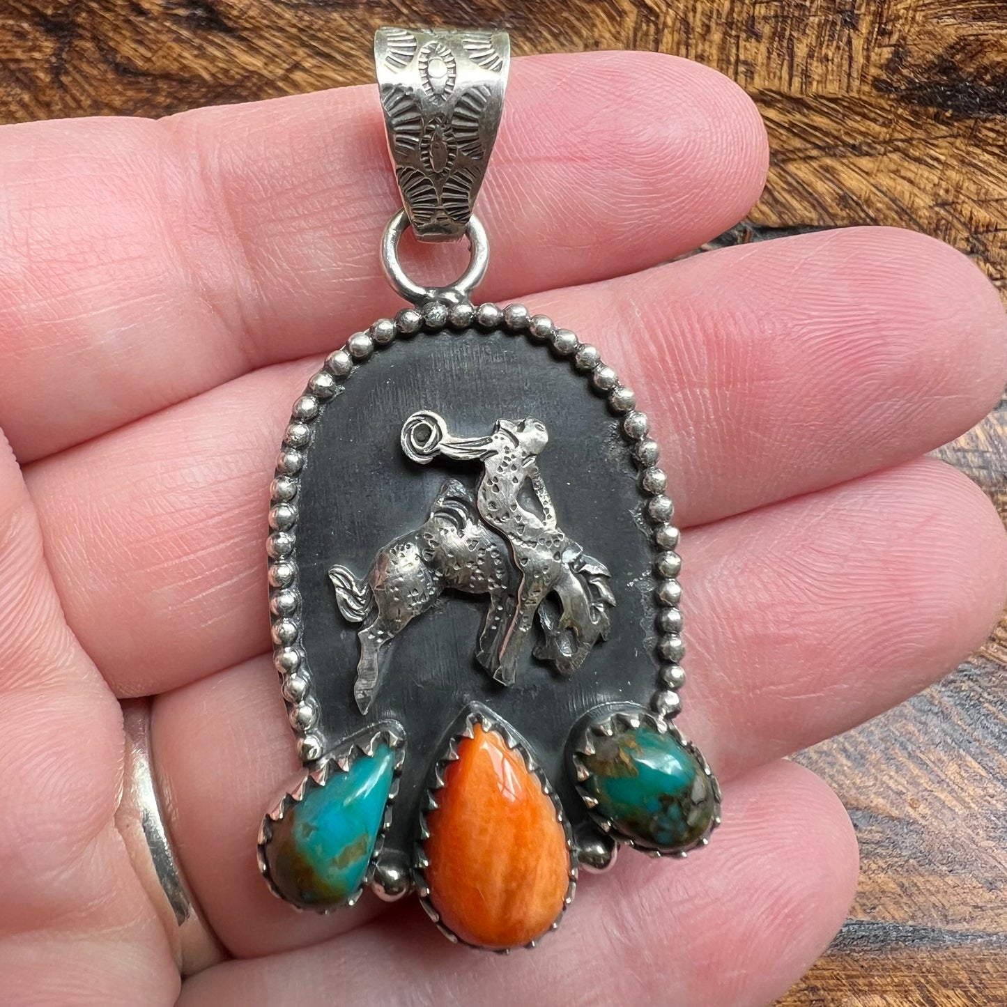 Sterling Silver Kingman Turquoise Spiny Oyster Bucking Bronco Pendant