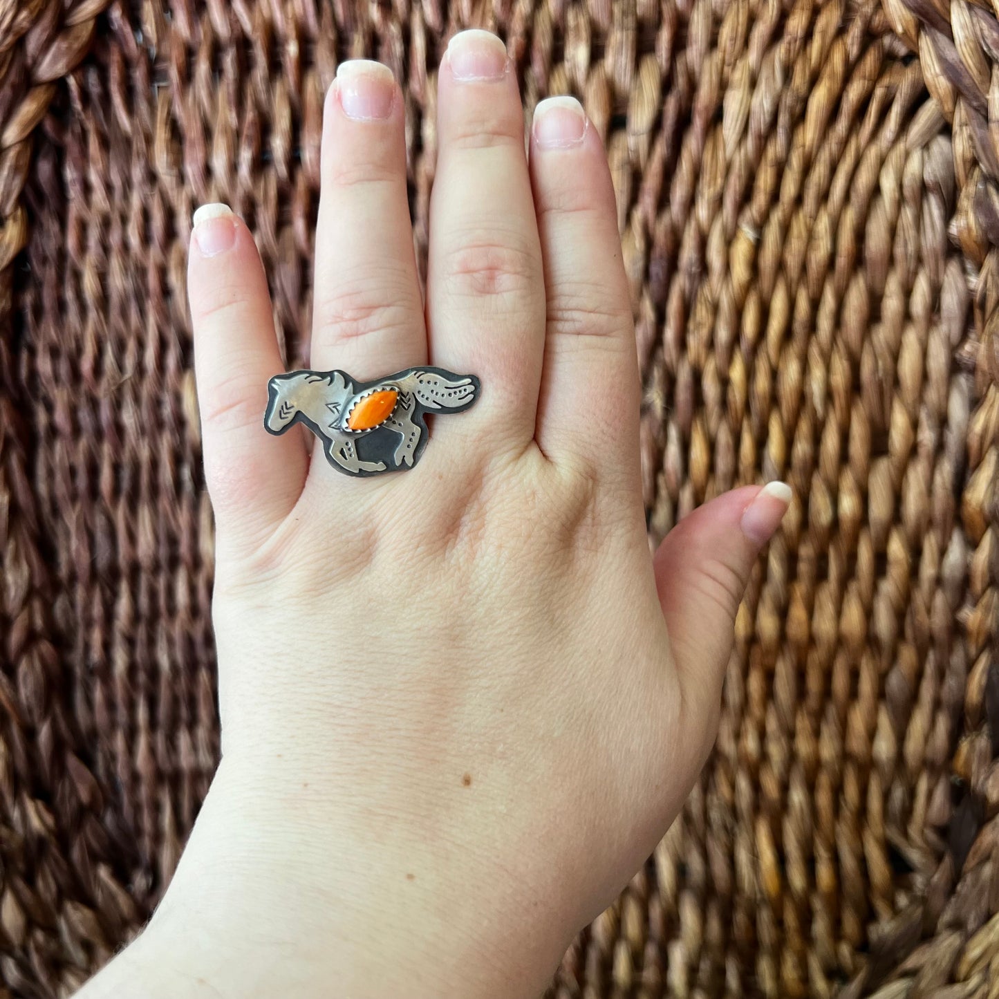 Sterling Silver Spiny Oyster Running Horse Ring Size 8 Adjustable