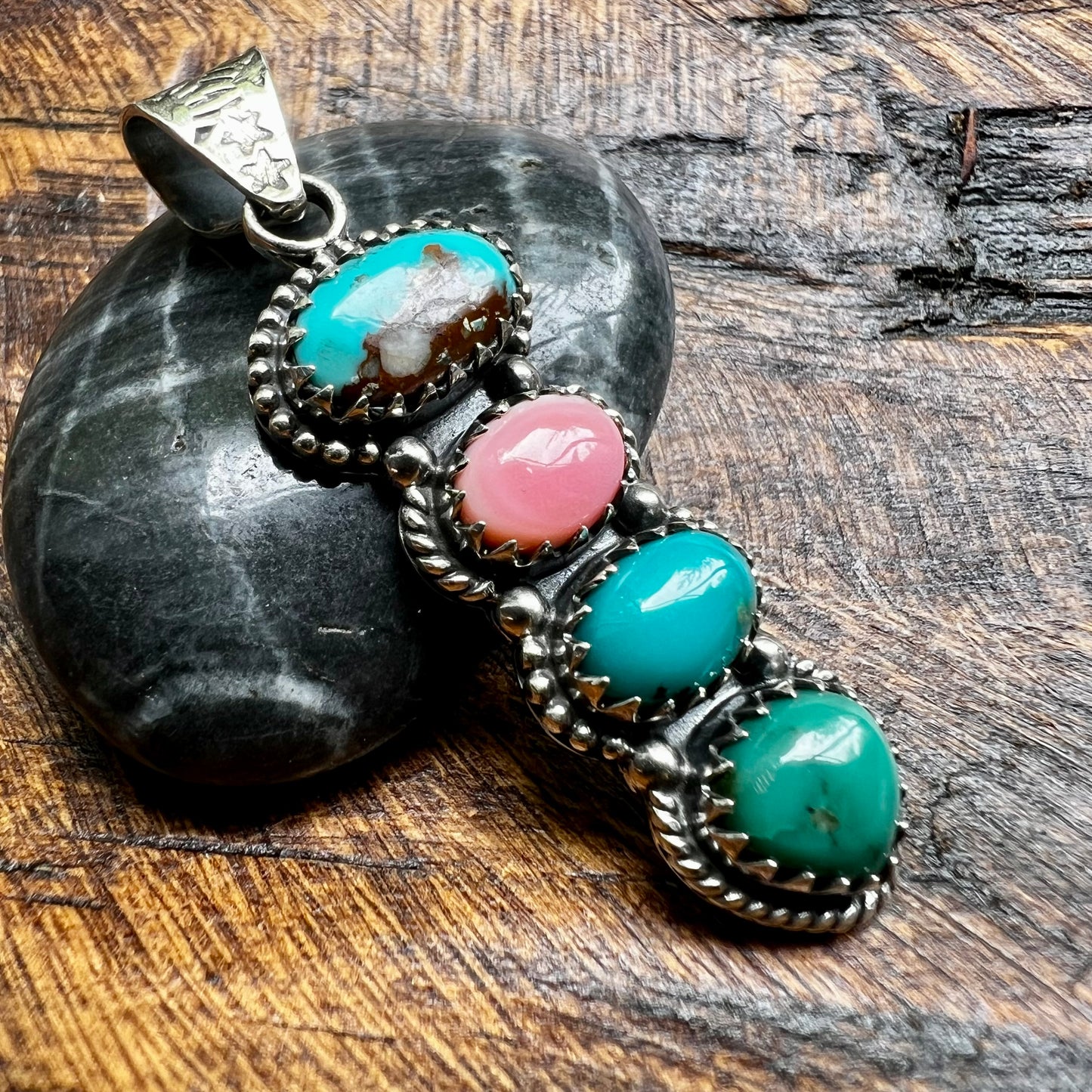 Kingman Turquoise & Queen Conch Multi-Stone Pendant – Sterling Silver Statement