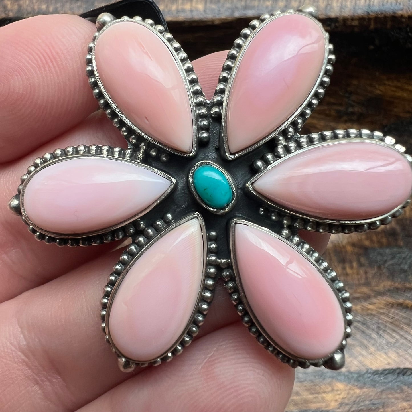 Queen Conch & Kingman Turquoise Flower Ring – Sterling Silver Statement | Size 8.5