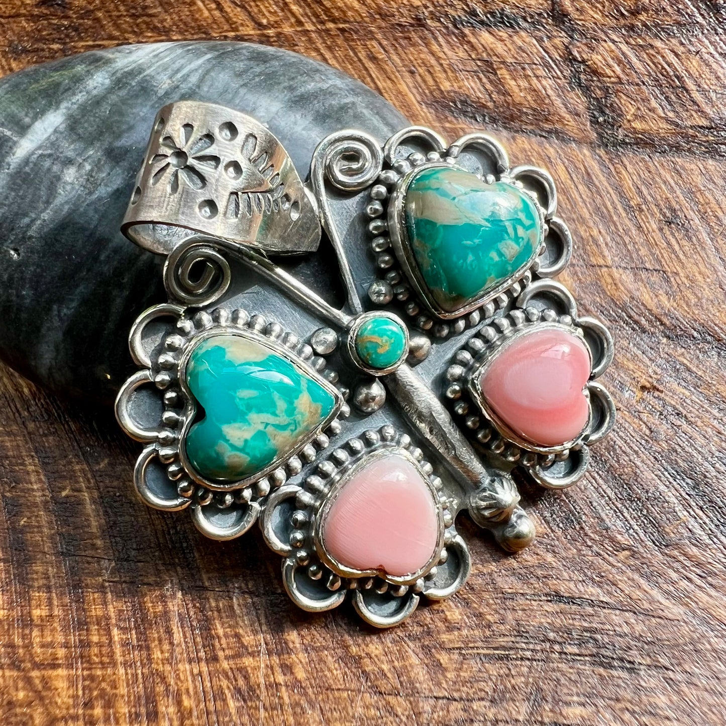 Ribbon Turquoise & Queen Conch Butterfly Pendant | Sterling Silver Handmade Southwest Jewelry