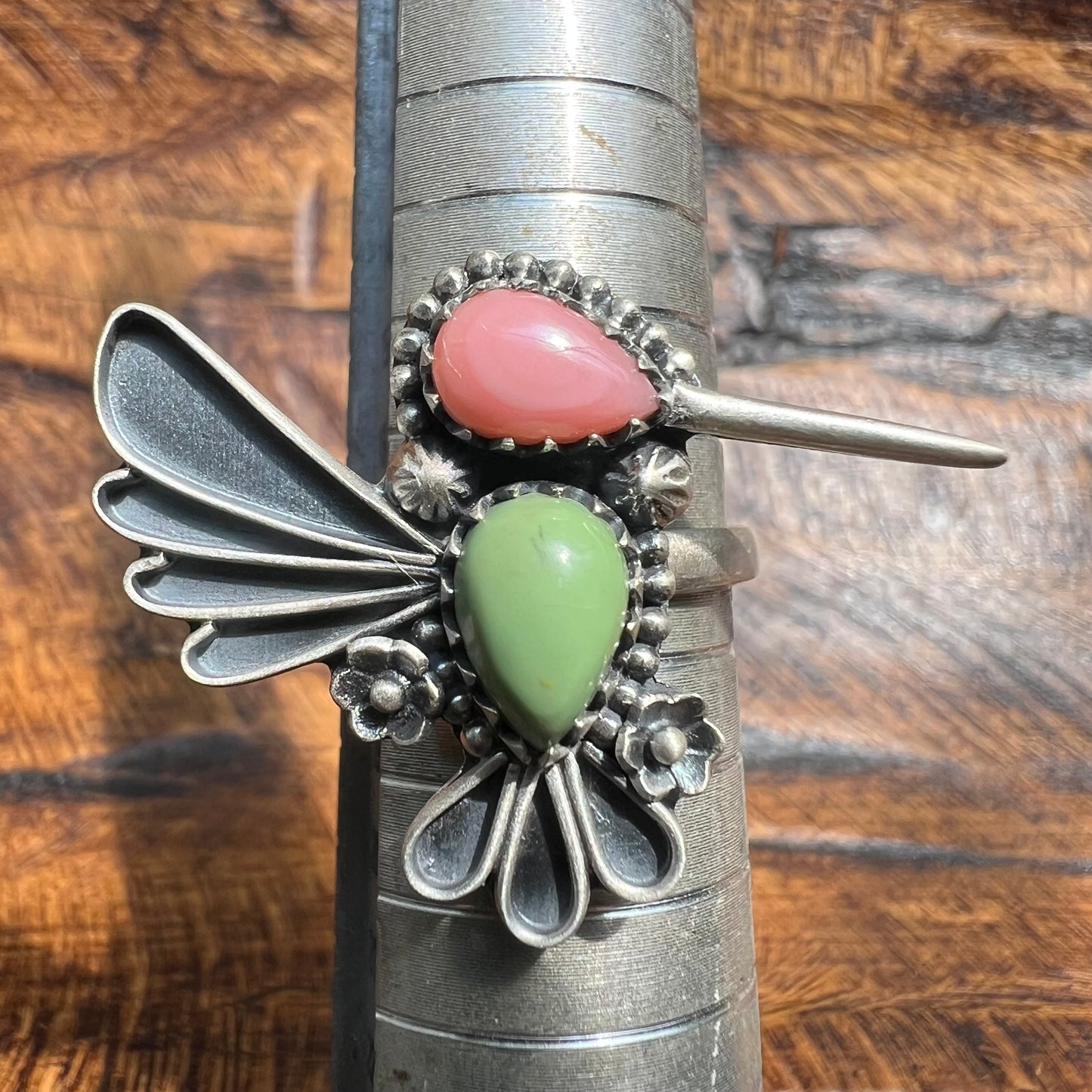 Sterling Silver Green Turquoise Queen Conch Hummingbird Ring Adjustable 8