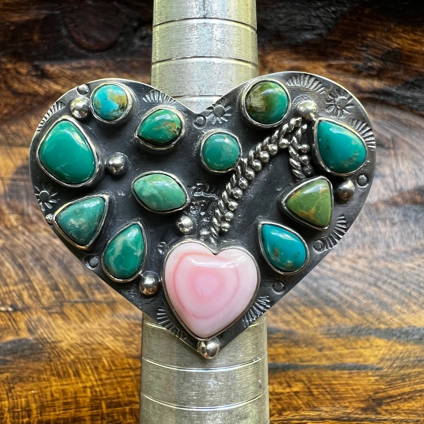 Kingman Turquoise & Queen Conch Heart Ring – Sterling Silver Size 7