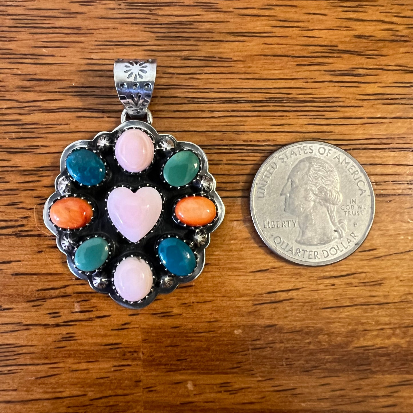 Queen Conch, Kingman Turquoise & Spiny Oyster Cluster Heart Pendant