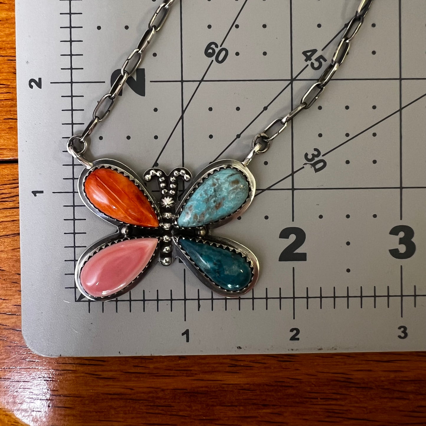 Multistone Butterfly Necklace – Kingman Turquoise, Spiny Oyster & Pink Conch Sterling Silver