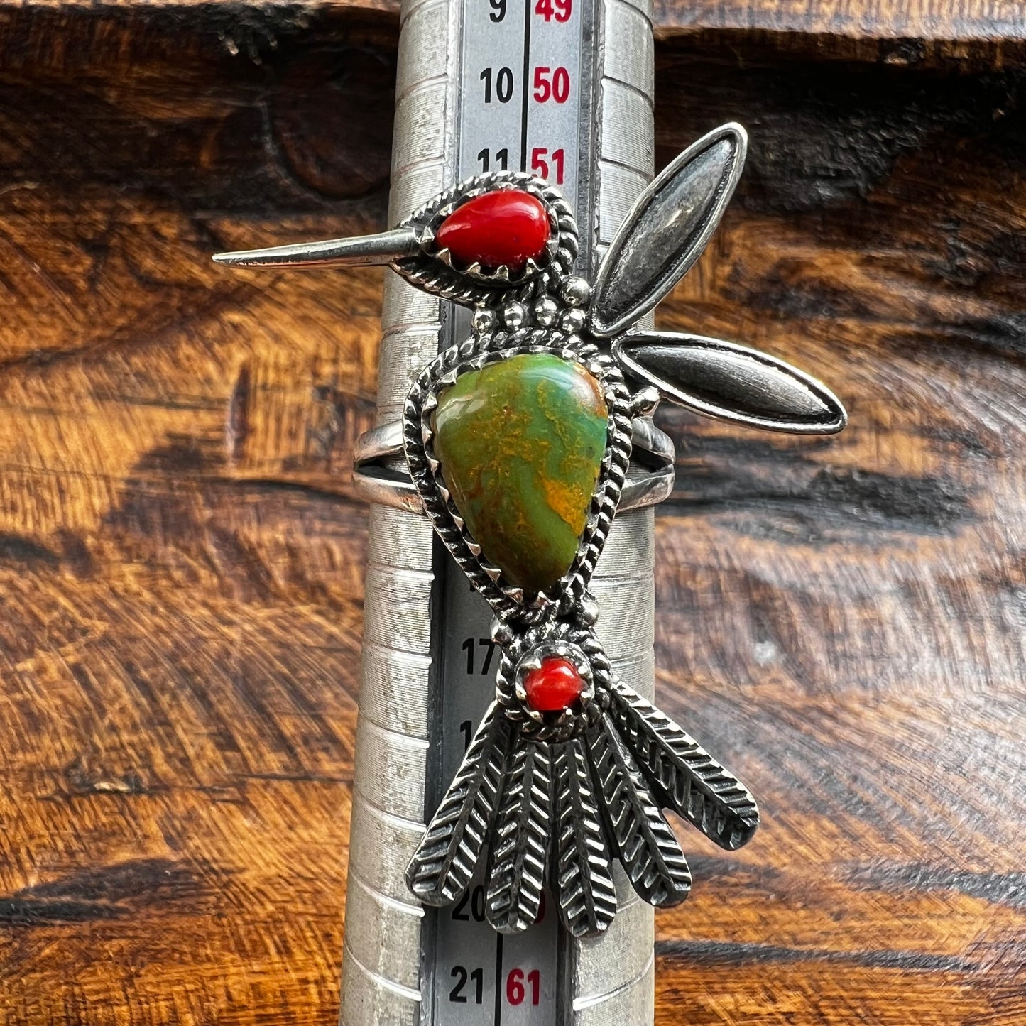 Sterling Silver Hummingbird Ring Kingman Turquoise & Red Coral Size 7