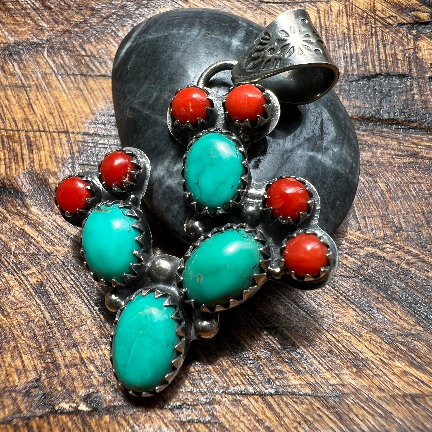 Kingman Turquoise & Coral Cactus Sterling Silver Pendant
