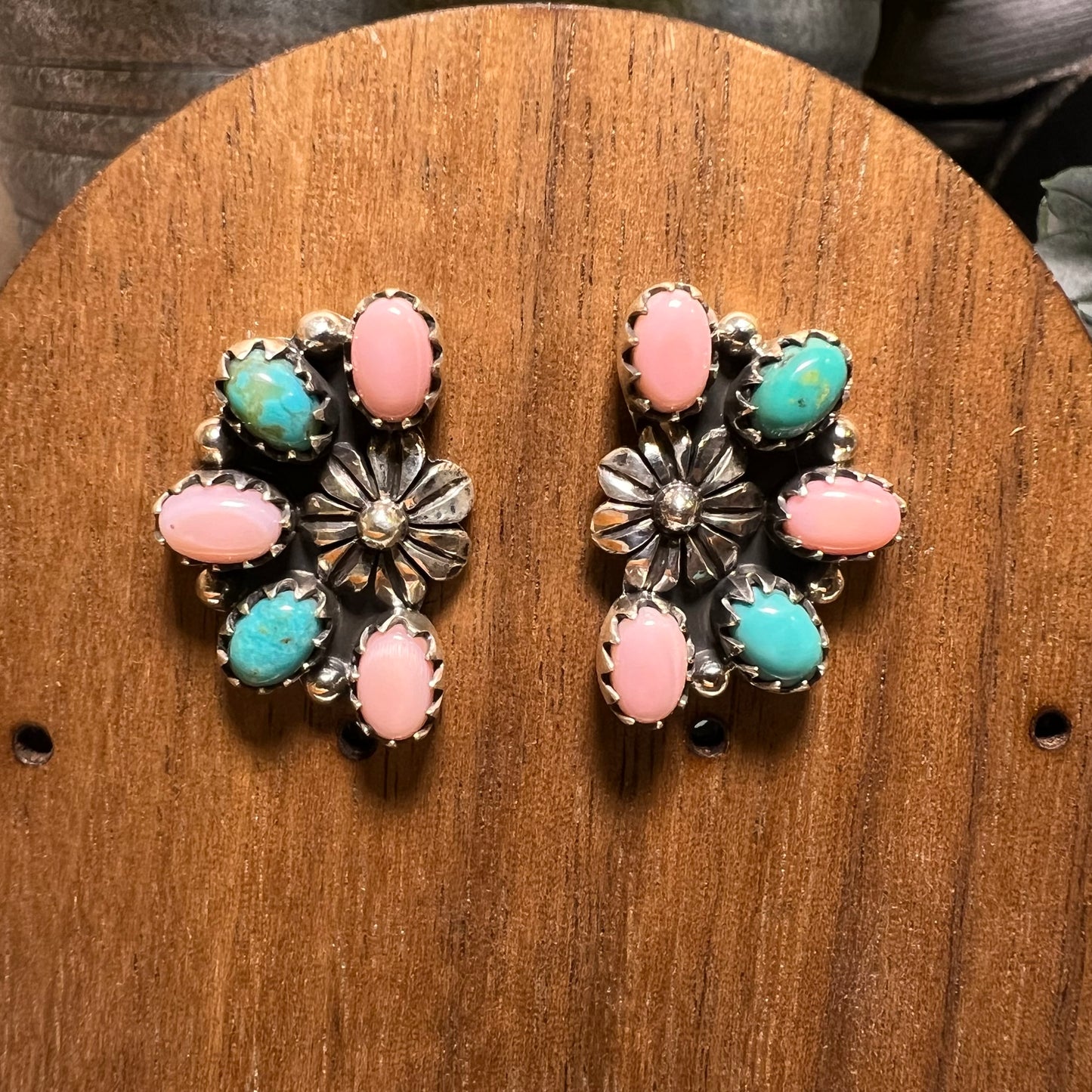 Sterling Silver Kingman Turquoise Pink Queen Conch Half Cluster Earrings
