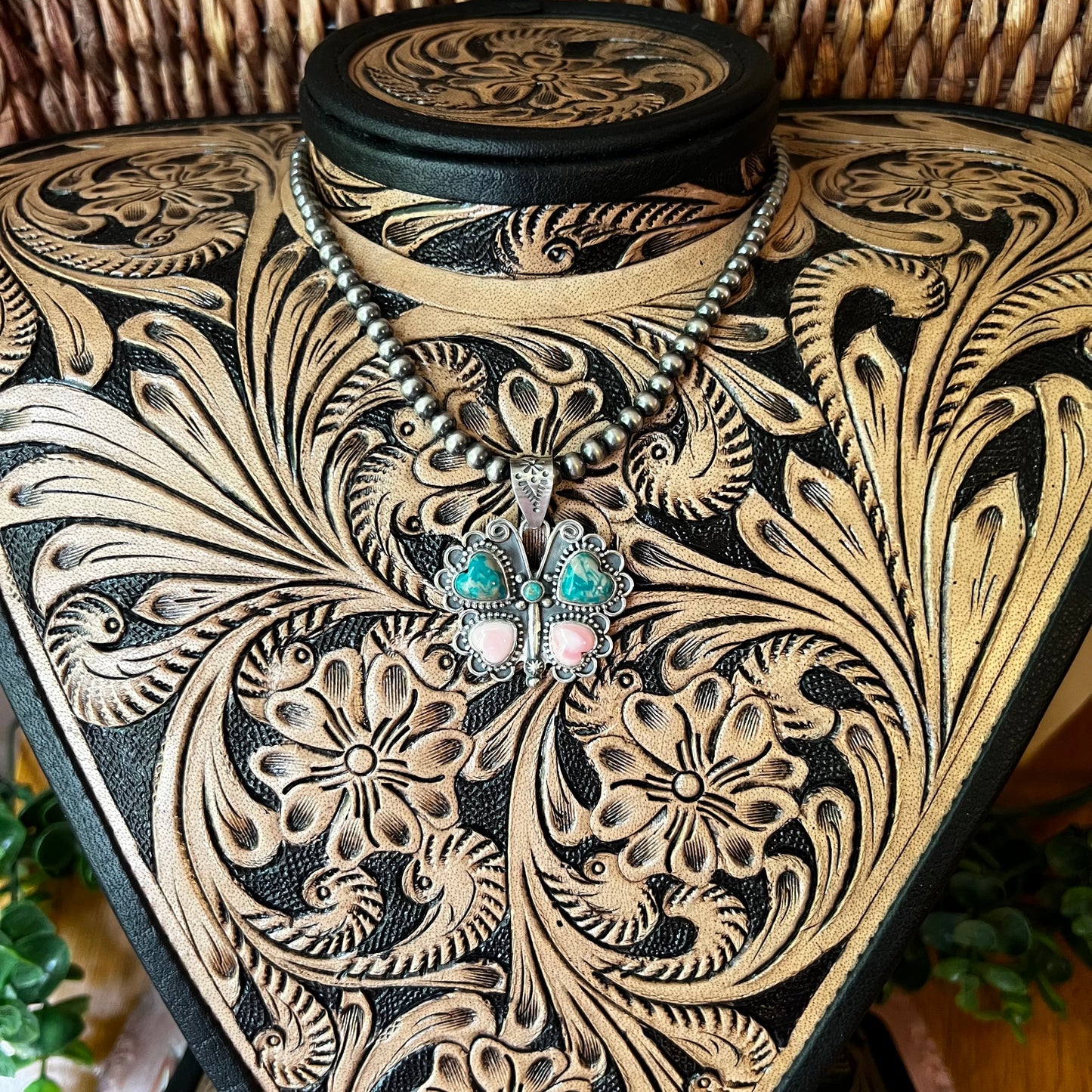 Ribbon Turquoise & Queen Conch Butterfly Pendant | Sterling Silver Handmade Southwest Jewelry