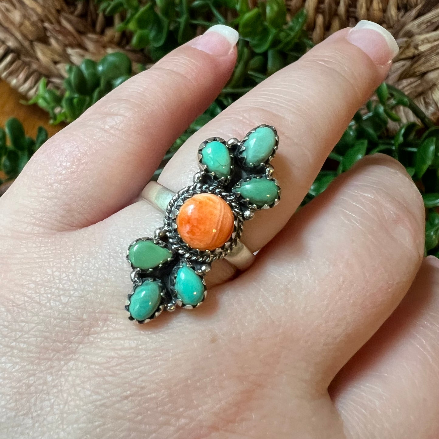 Sterling Silver Spiny Oyster Turquoise Cluster Ring Adjustable Size 9