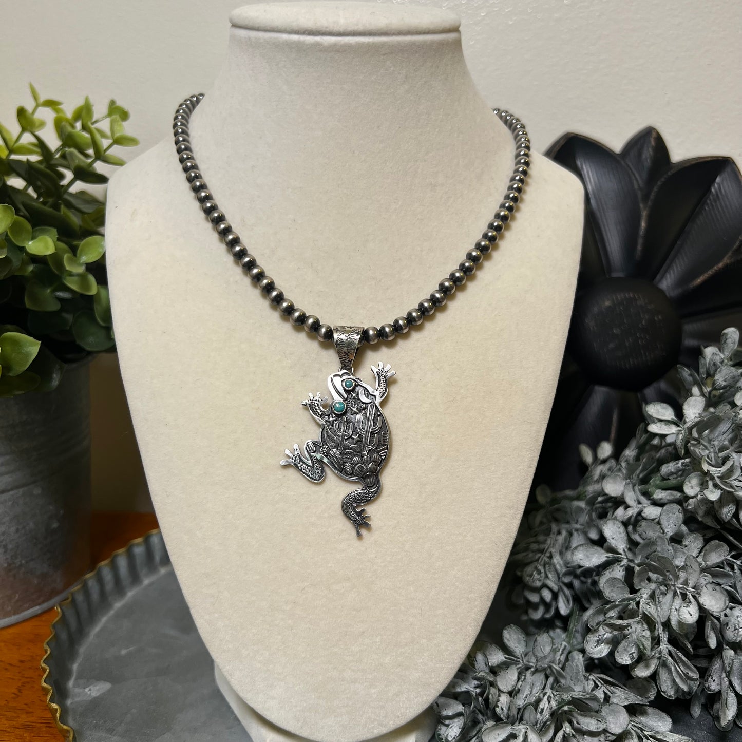 Storyteller Frog Pendant in Sterling Silver with Kingman Turquoise