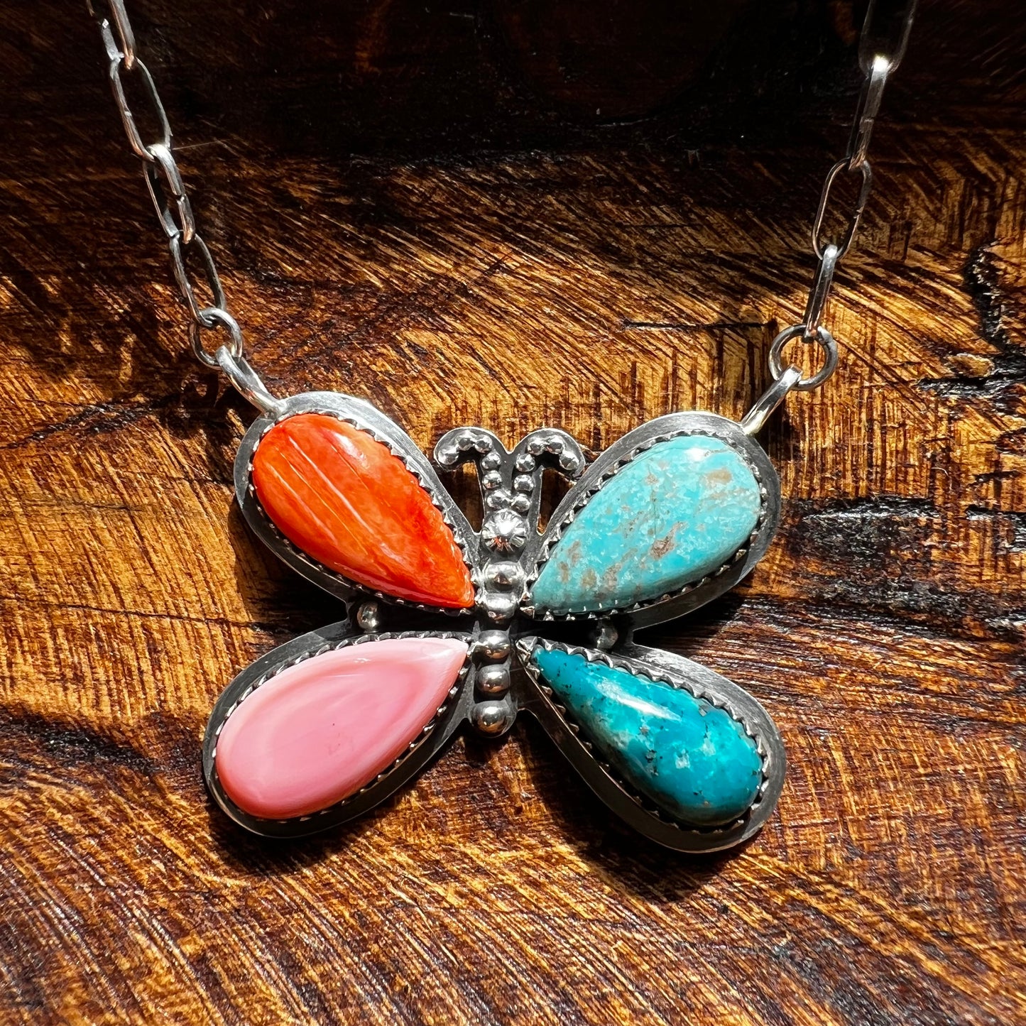 Multistone Butterfly Necklace – Kingman Turquoise, Spiny Oyster & Pink Conch Sterling Silver