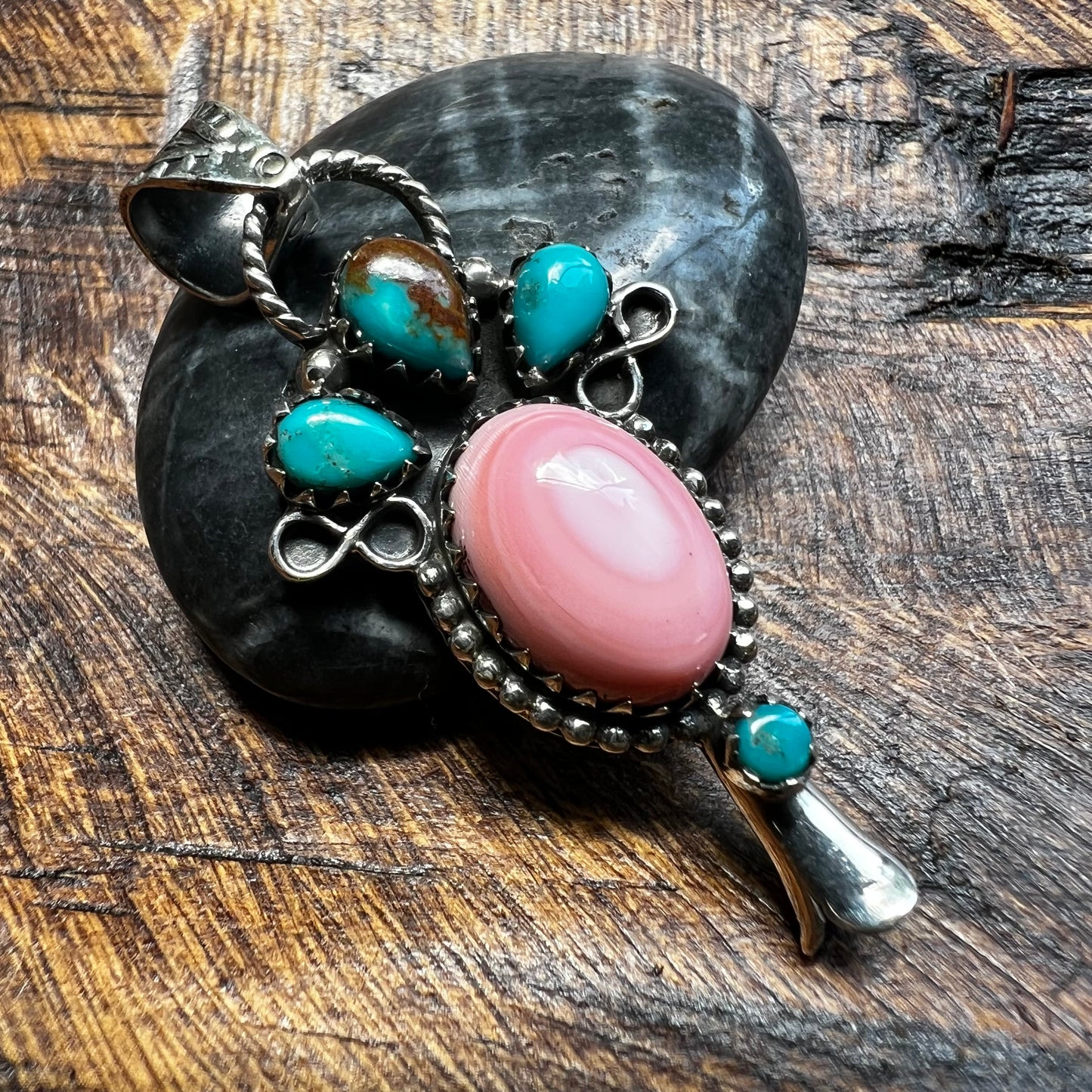 Pink Conch & Kingman Turquoise Squash Blossom Pendant – Sterling Silver