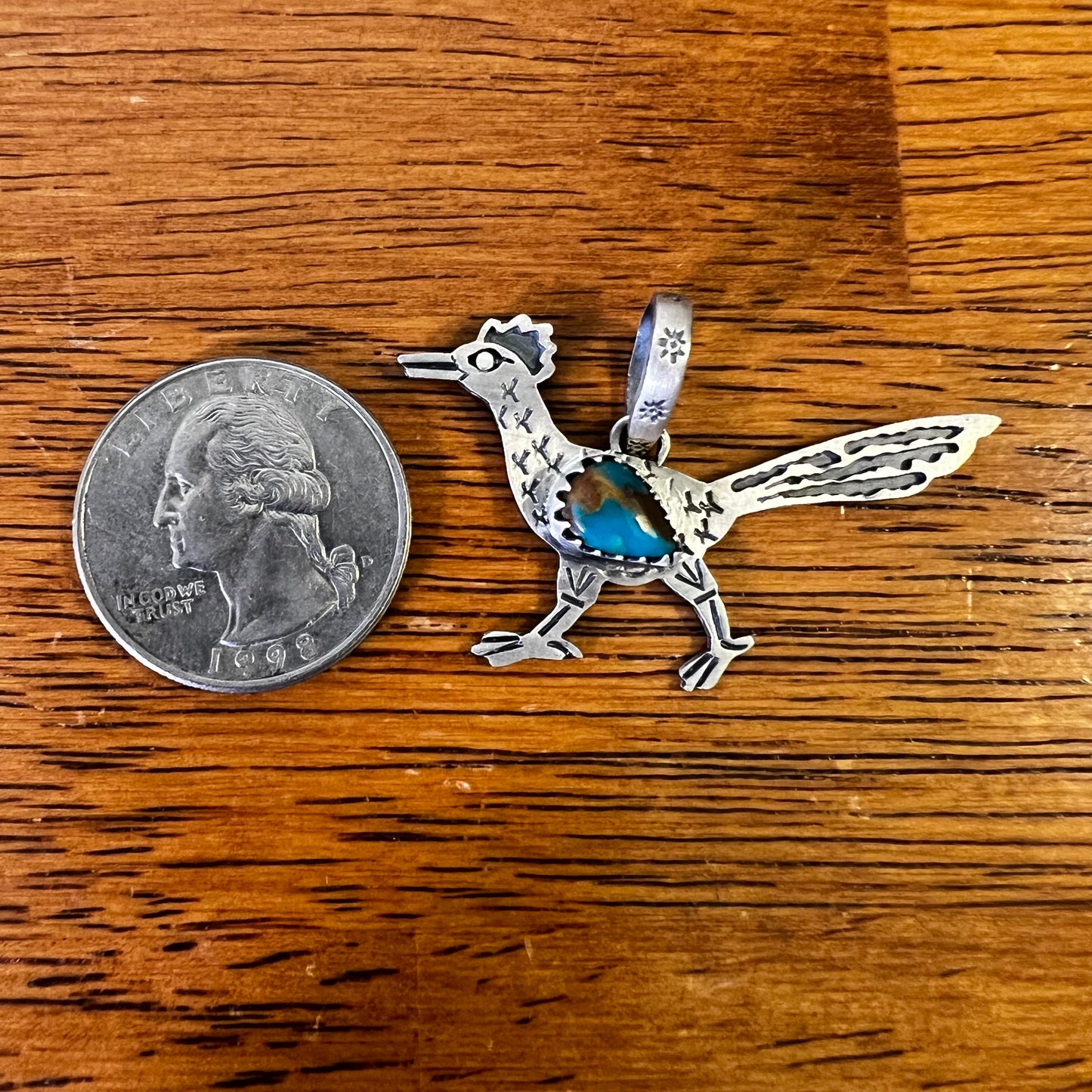 Southwestern Sterling Silver Roadrunner Turquoise Pendant