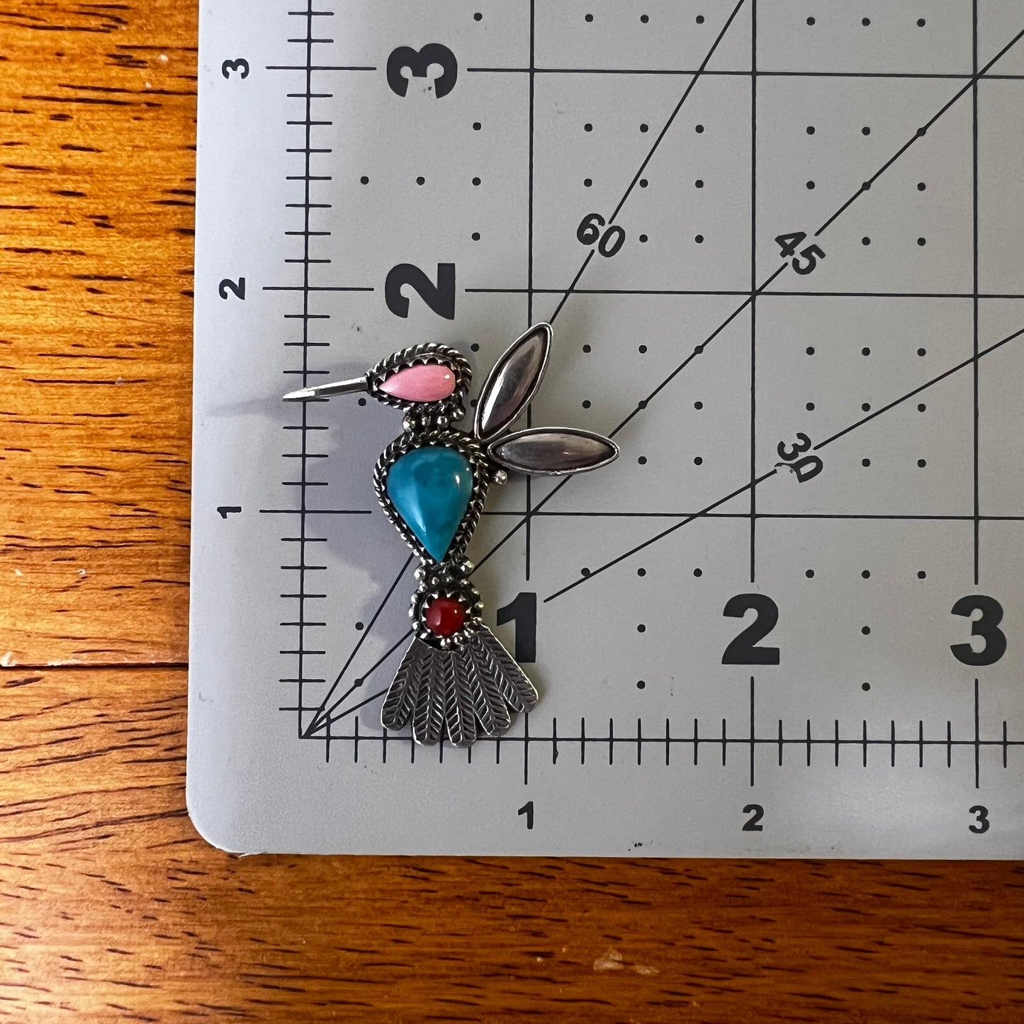 Sterling Kingman Turquoise Queen Conch Coral Hummingbird Brooch Pin
