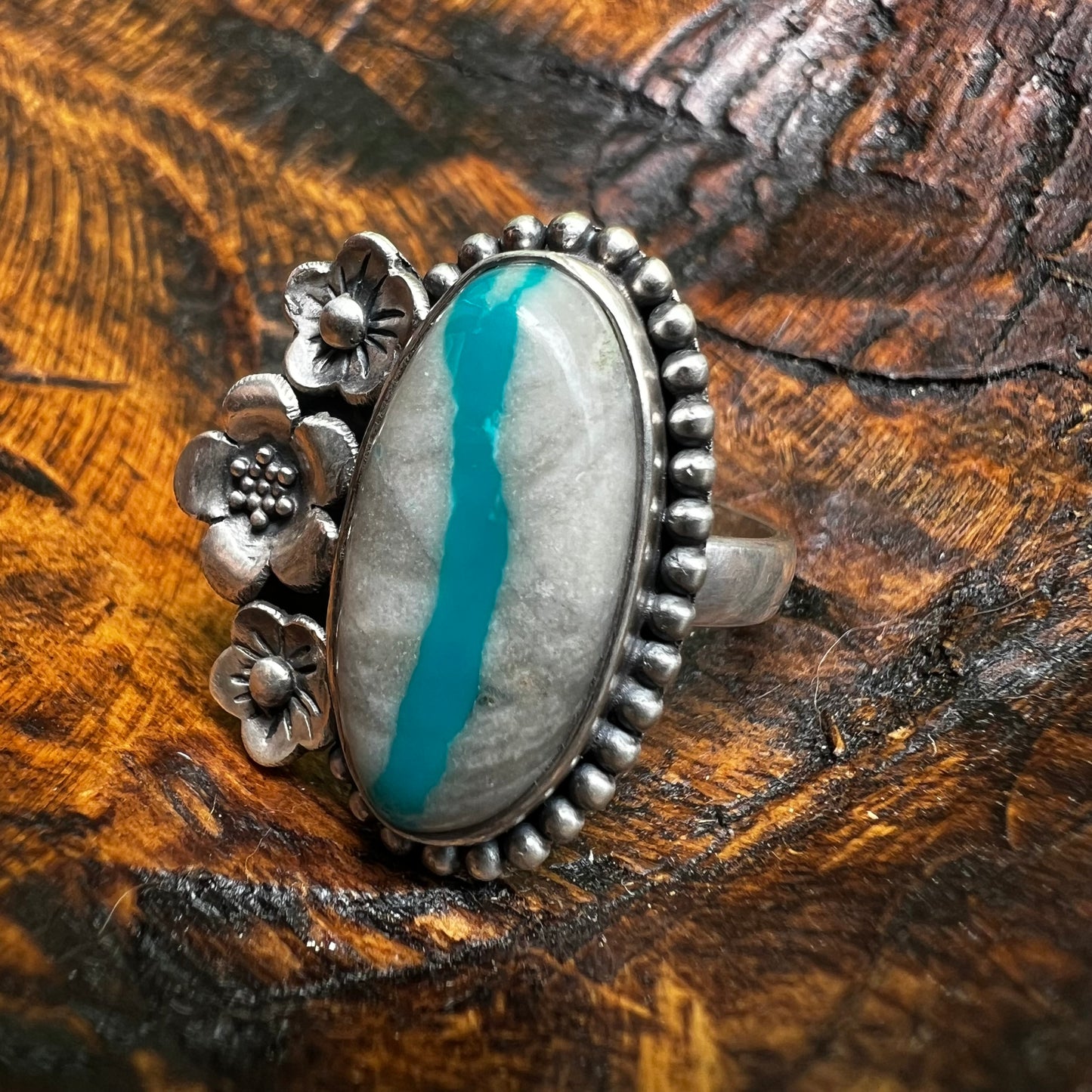 Ribbon Turquoise Floral Sterling Silver Statement Ring – Adjustable Size 9