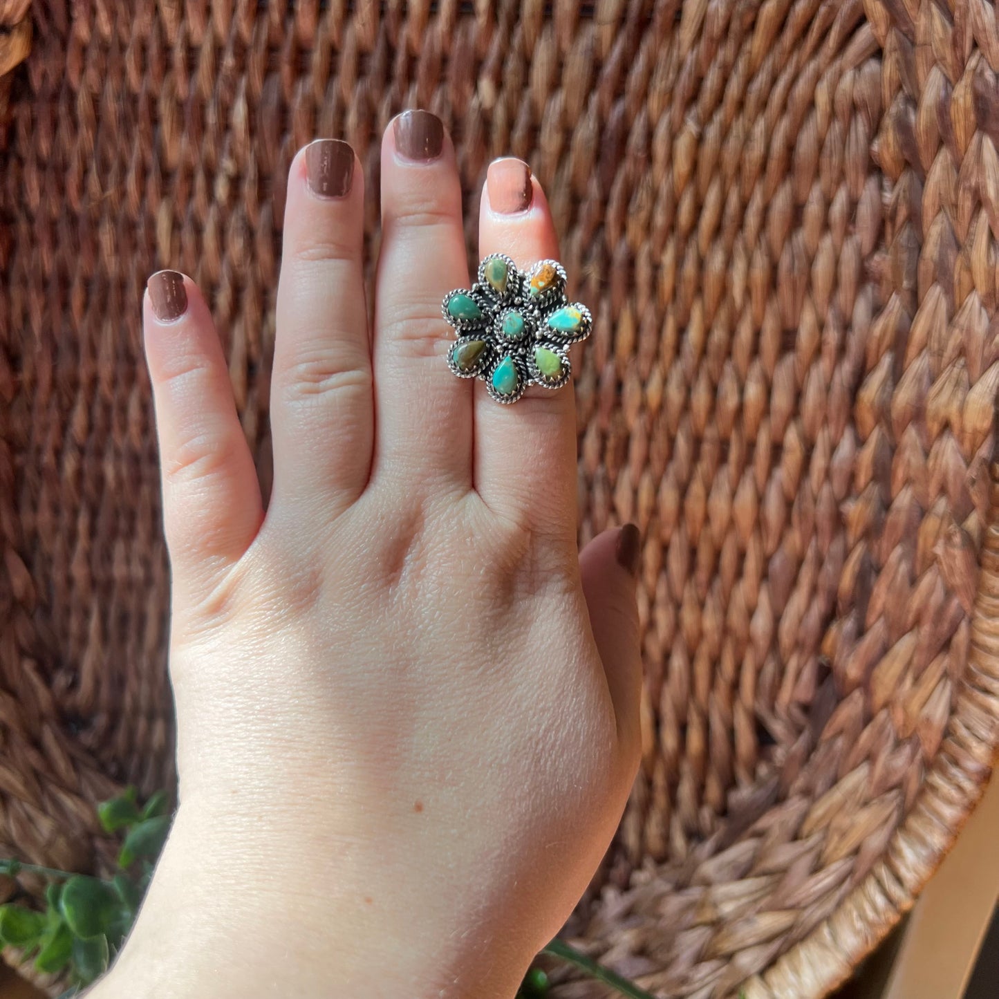 Kingman Turquoise Floral Cluster Ring in Sterling Silver