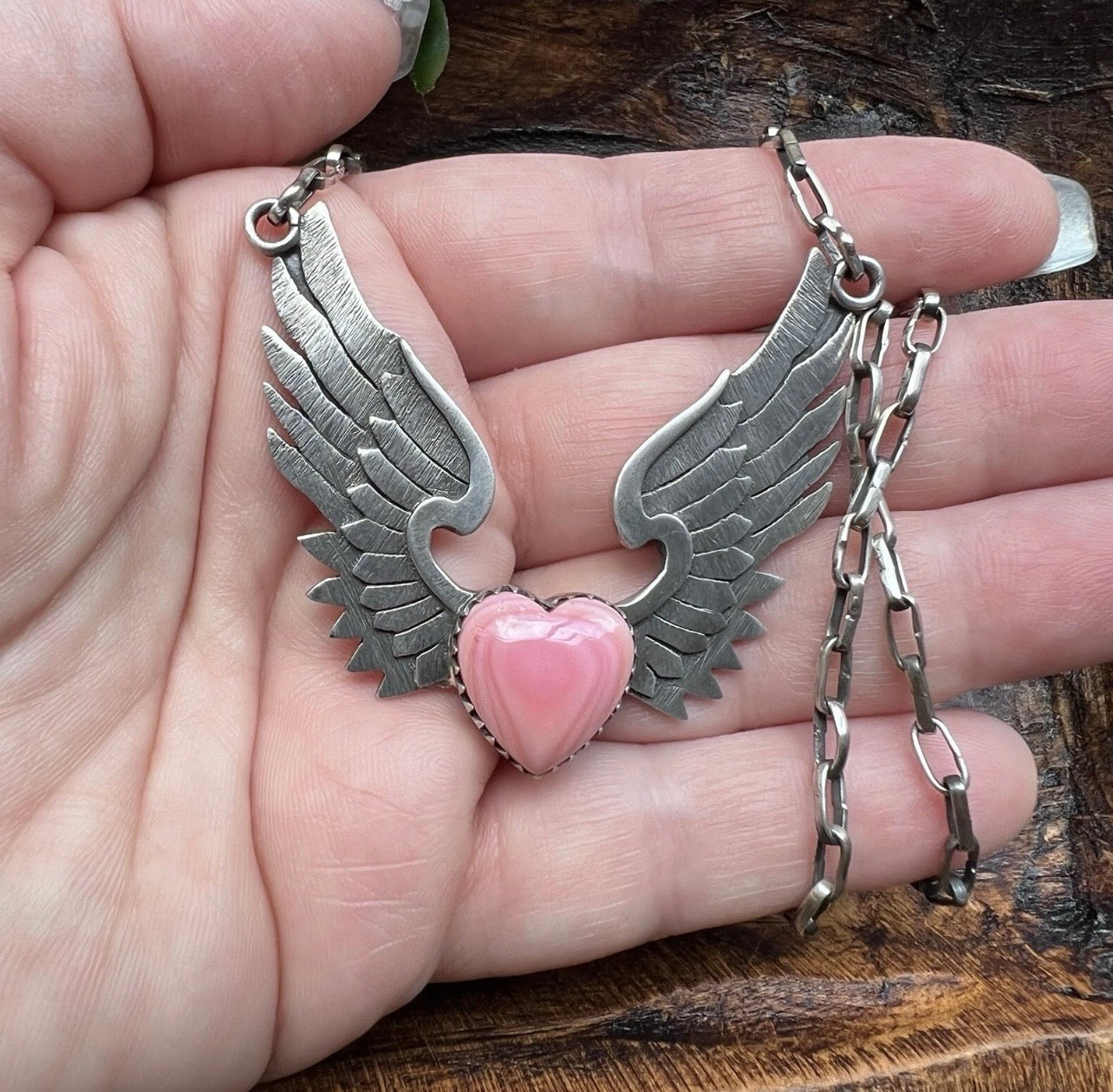 Sterling Silver Queen Conch Heart & Wings Necklace – Handcrafted Southwestern Statement