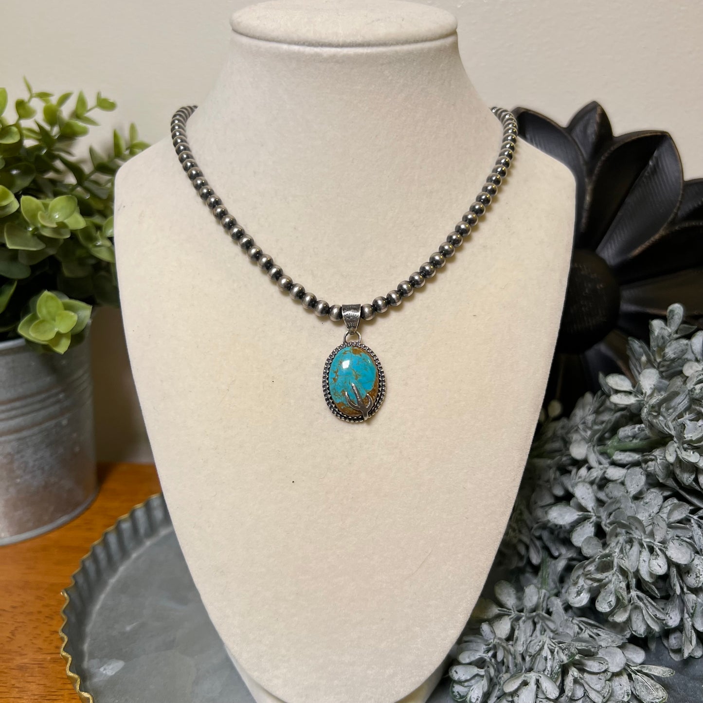 925 Sterling Silver Kingman Turquoise Cactus Pendant Handmade Southwestern