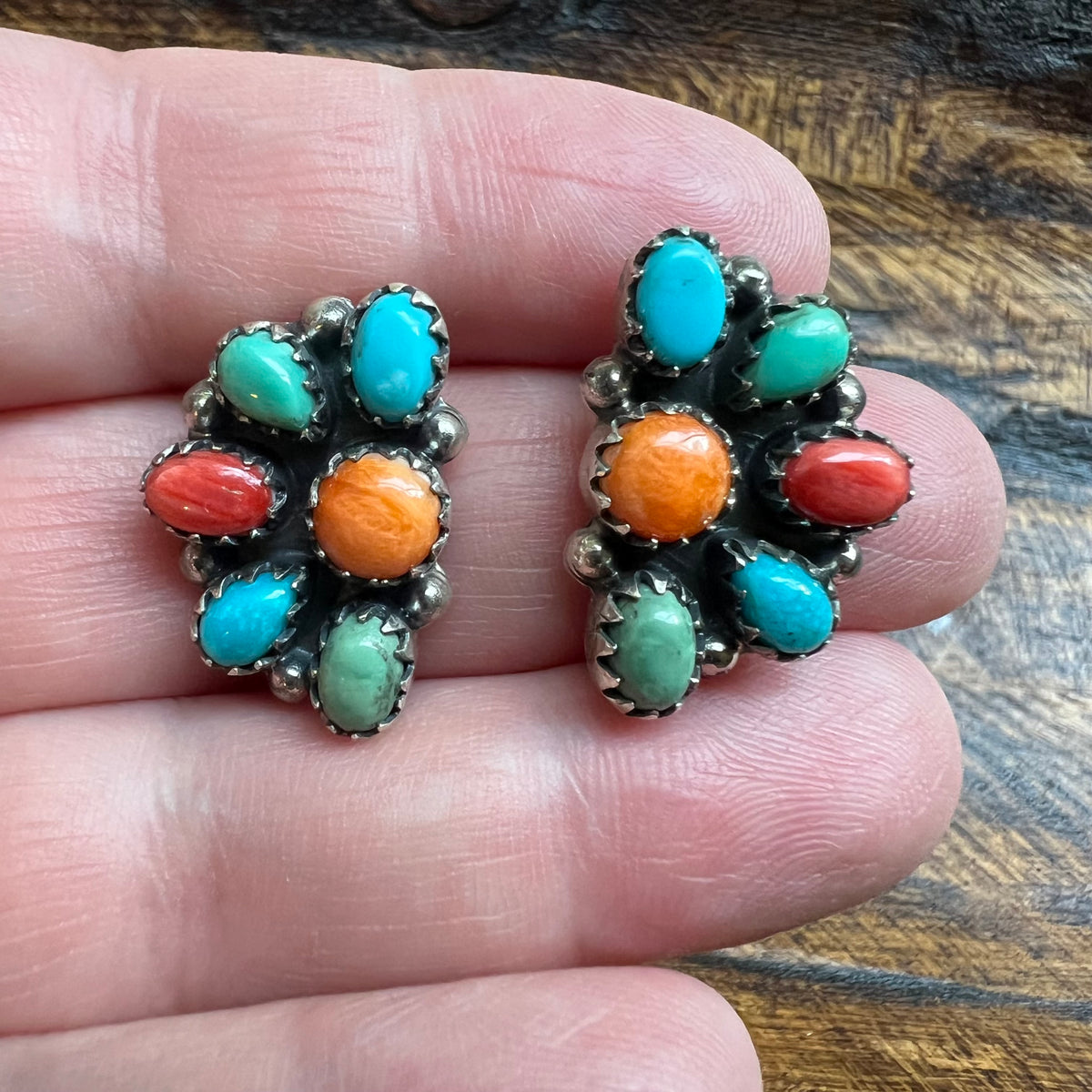 Sterling Silver Kingman Turquoise Spiny Oyster Half Cluster Earrings