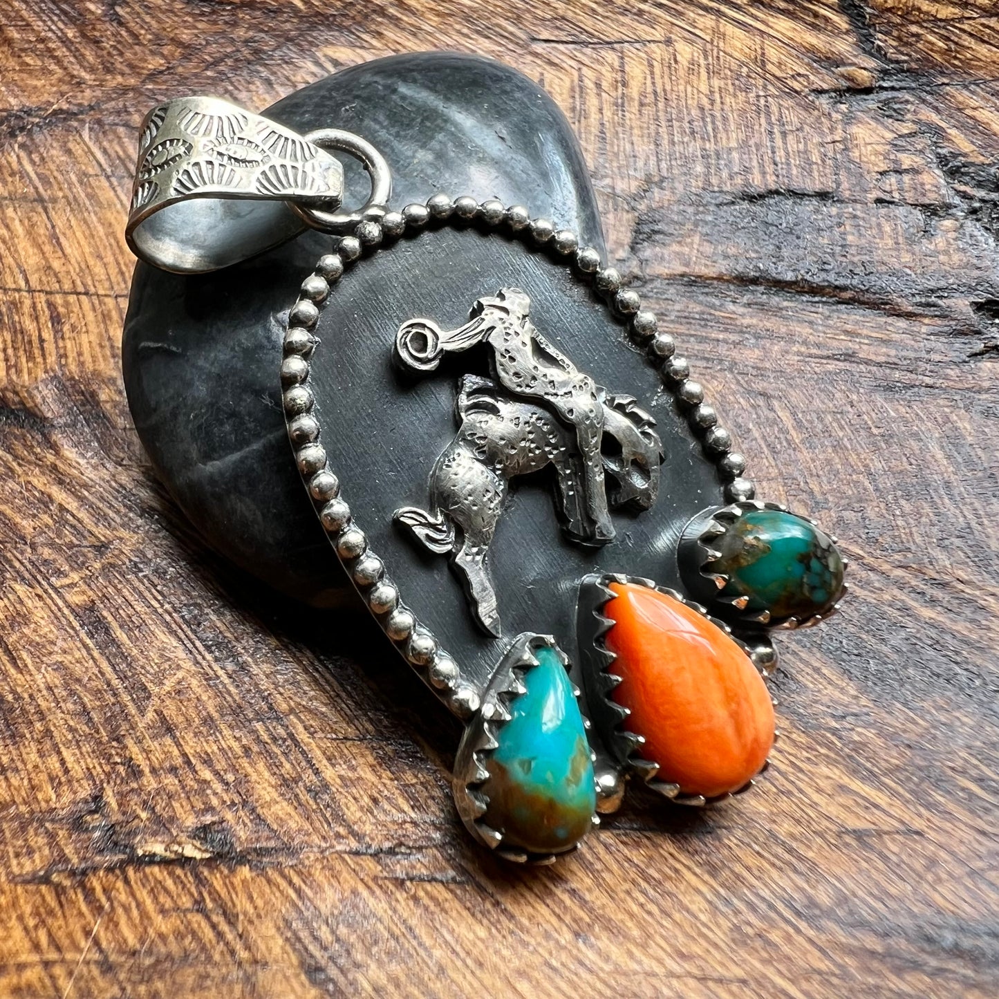 Sterling Silver Kingman Turquoise Spiny Oyster Bucking Bronco Pendant