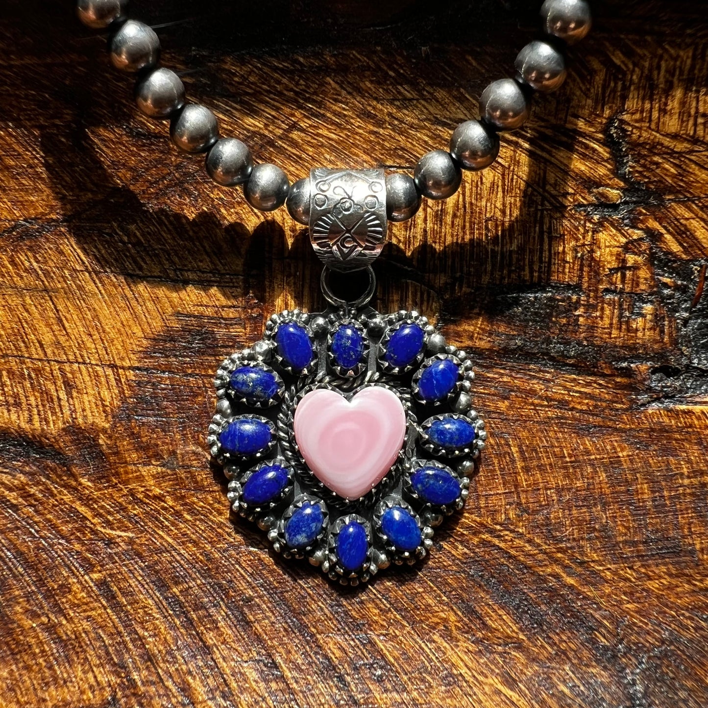 Pink Queen Conch Heart & Lapis Lazuli Statement Pendant – Sterling Silver