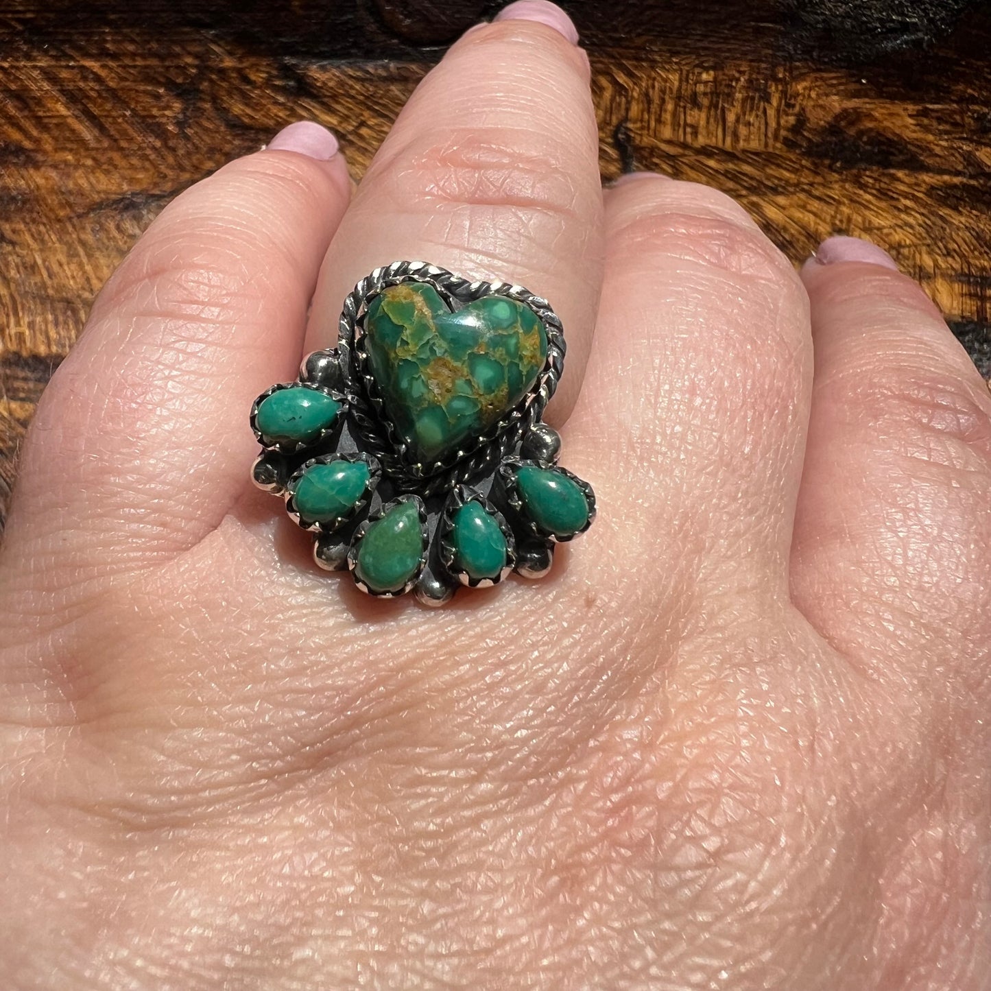 Kingman Turquoise Heart Cluster Ring – Sterling Silver Southwestern Statement | Size 8.75