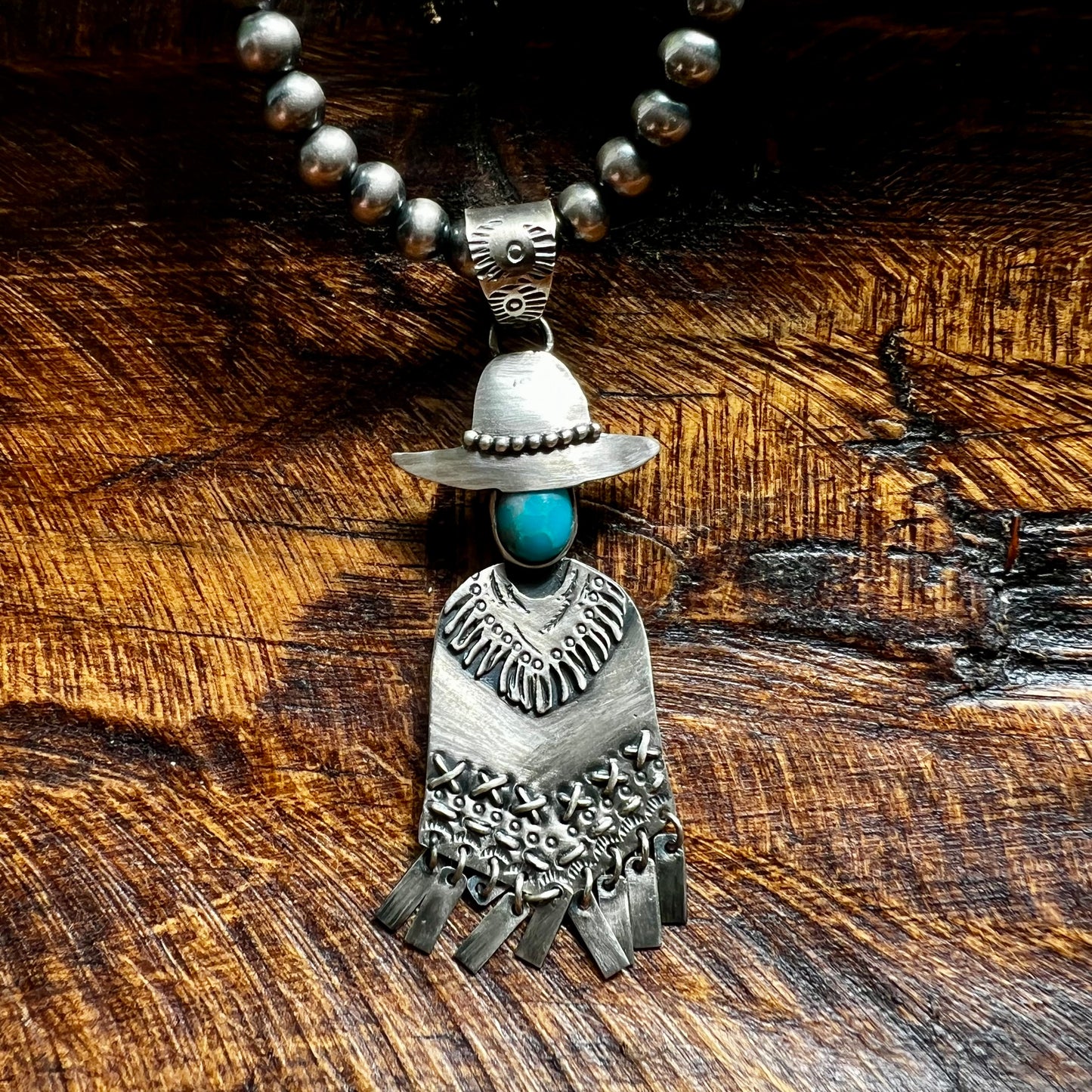 Cowboy Poncho Pendant in Sterling Silver & Kingman Turquoise