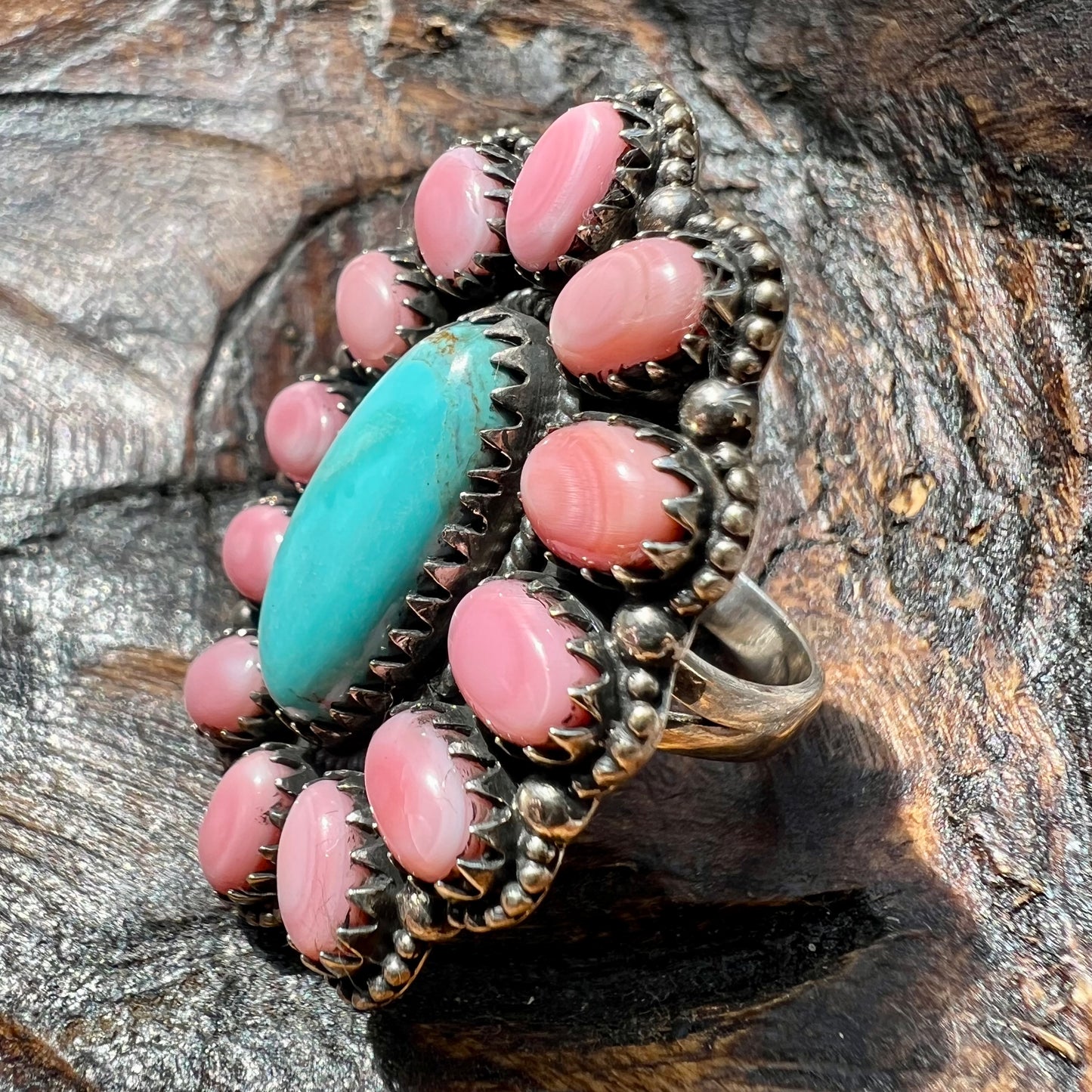 Desert Bloom Cluster Ring – Kingman Turquoise & Queen Conch Sterling Silver