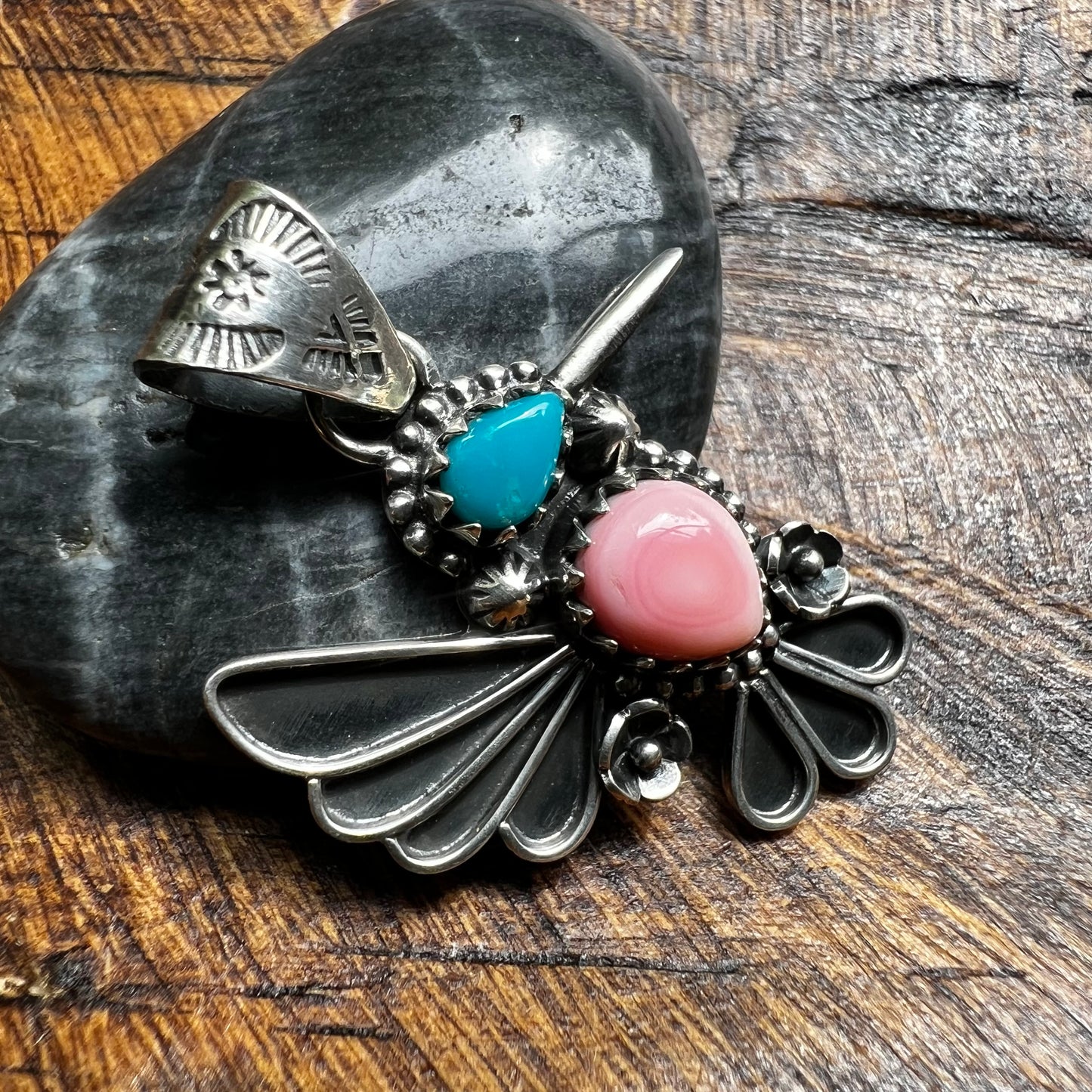 Pink Conch & Kingman Turquoise Hummingbird Sterling Silver Pendant