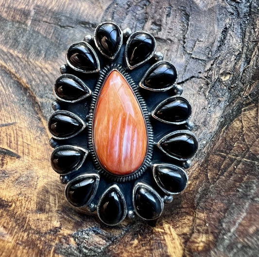 Spiny Oyster & Black Onyx Cluster Statement Ring | Sterling Silver | Size 7