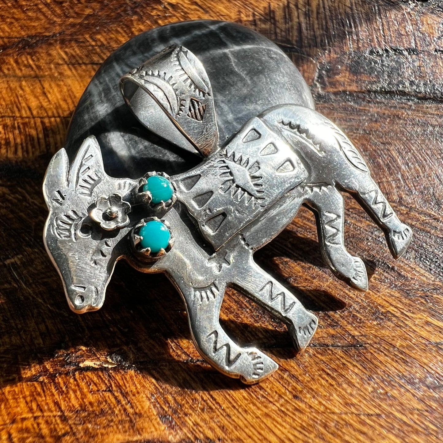 Handmade Sterling Silver Kingman Turquoise Donkey Pendant