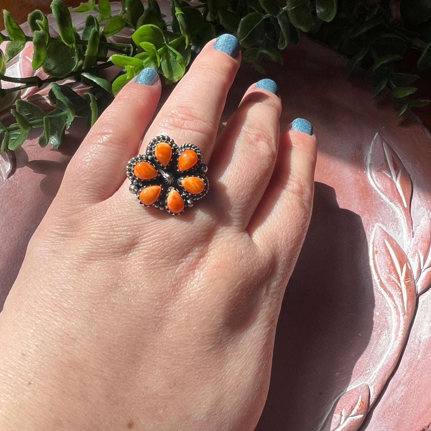 Spiny Oyster Floral Cluster Ring in Sterling Silver
