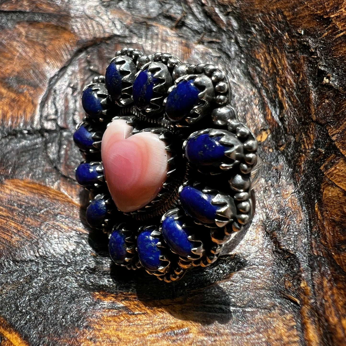 Pink Queen Conch Heart & Lapis Lazuli Statement Ring – Sterling Silver