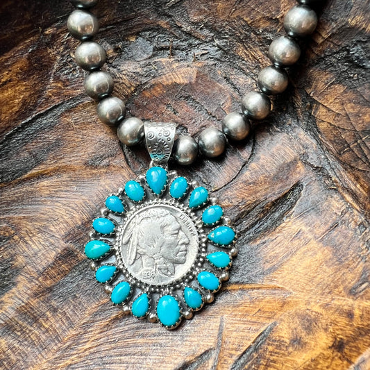 1936 Buffalo Nickel & Kingman Turquoise Cluster Pendant