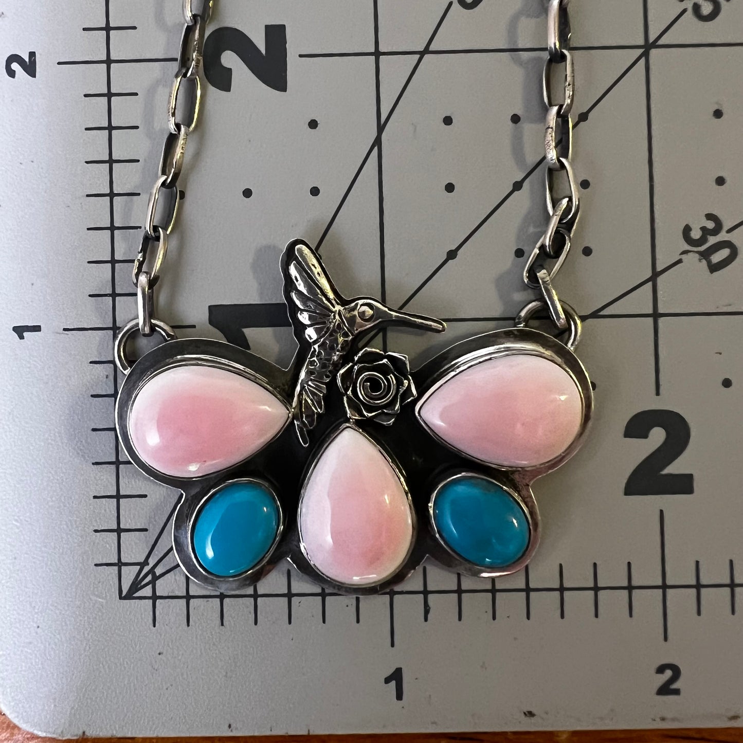 Pink Conch, Turquoise & Sterling Silver Hummingbird Necklace