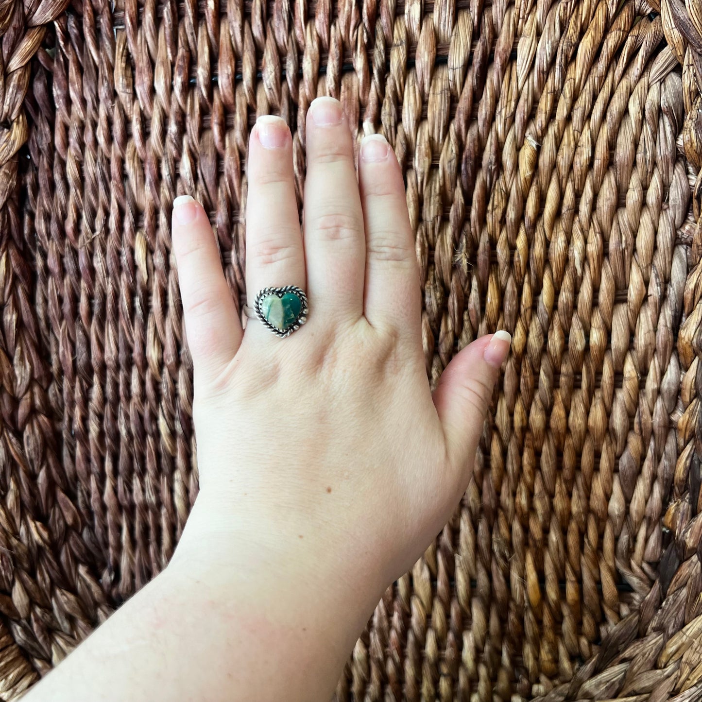 Sterling Silver Ribbon Turquoise Heart Ring Size 10 Adjustable