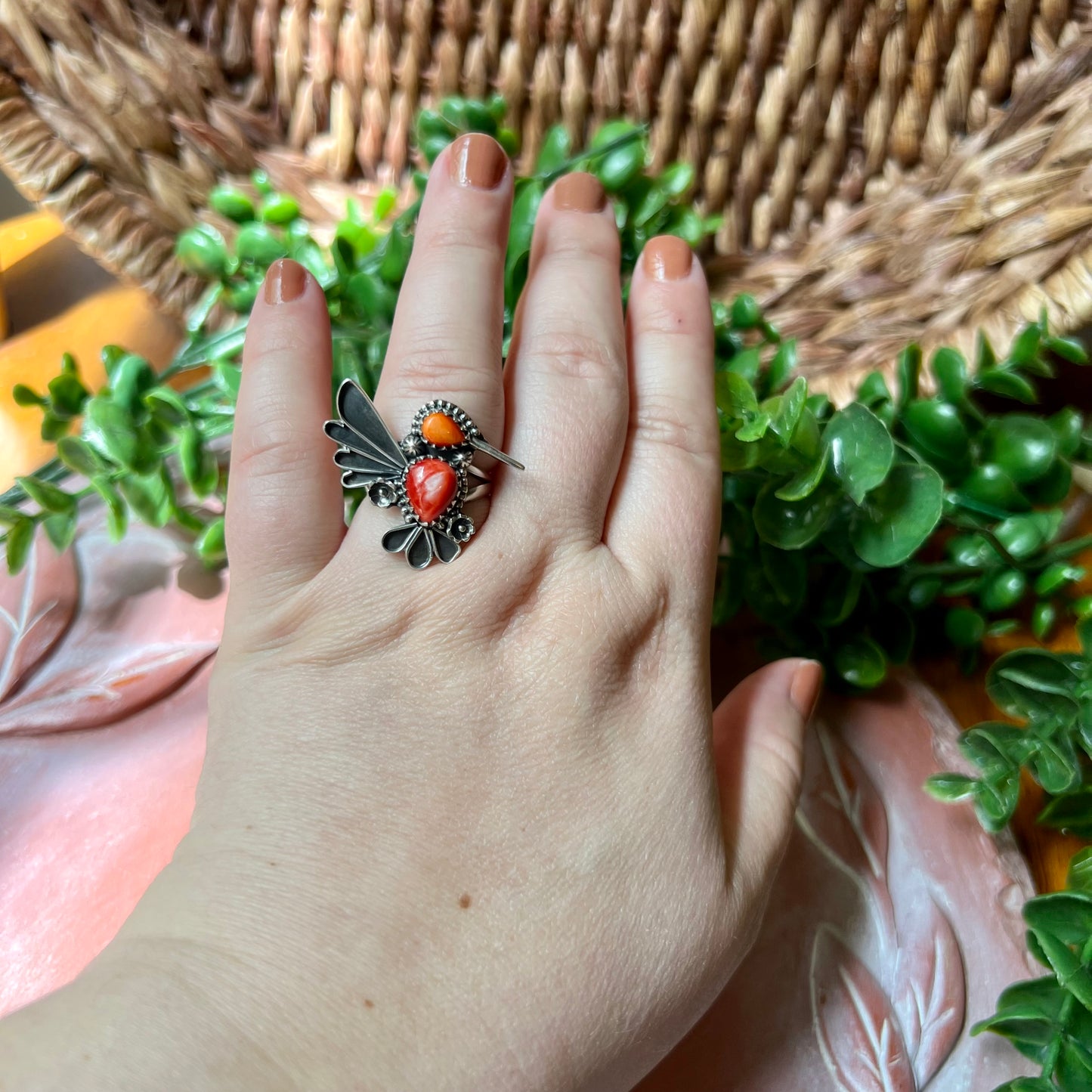 Spiny Oyster Hummingbird Statement Ring – Sterling Silver, Size 8