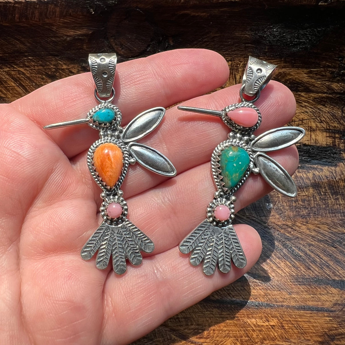 Sterling Silver Multi-Stone Hummingbird Pendant | Turquoise or Spiny Oyster