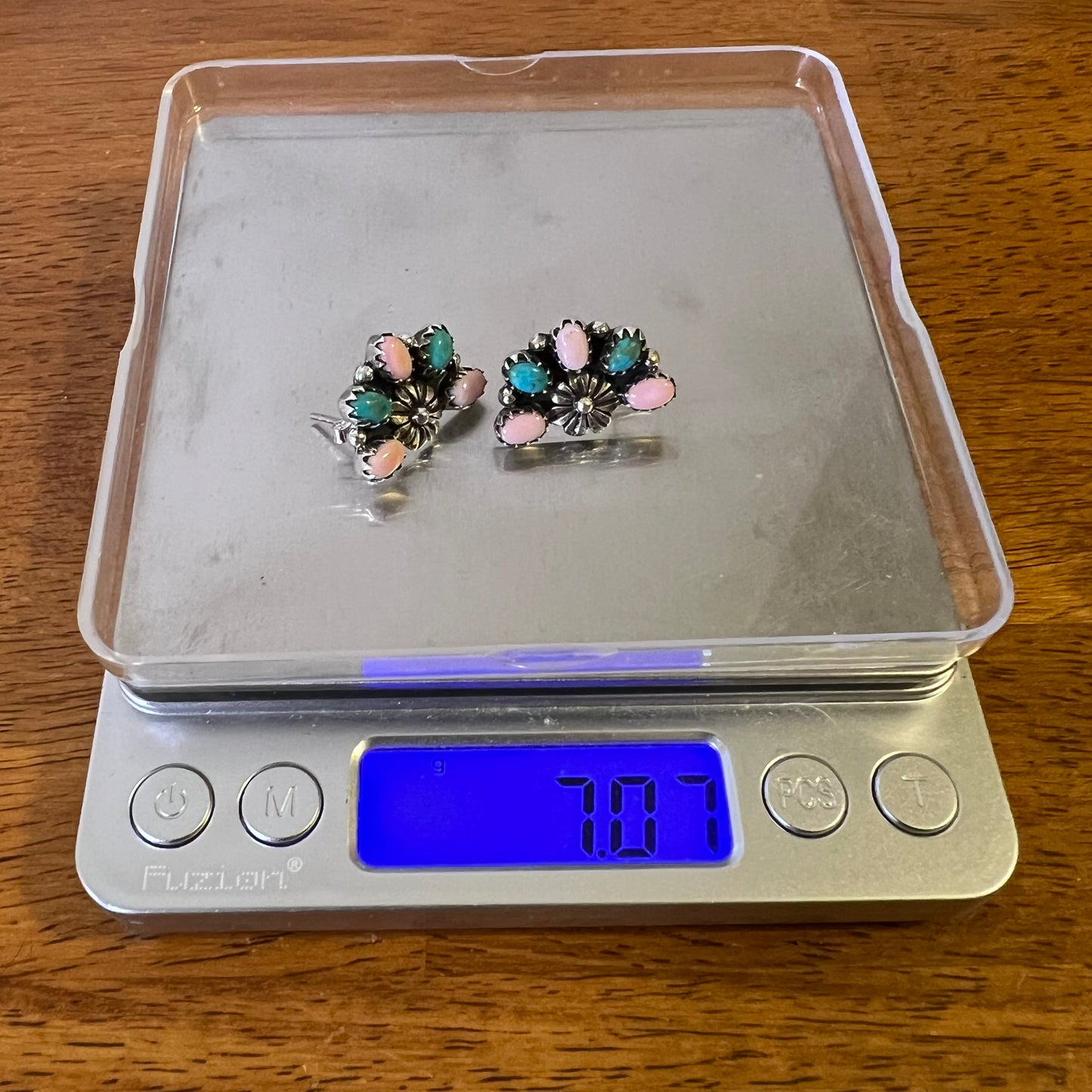Sterling Silver Kingman Turquoise Pink Queen Conch Half Cluster Earrings