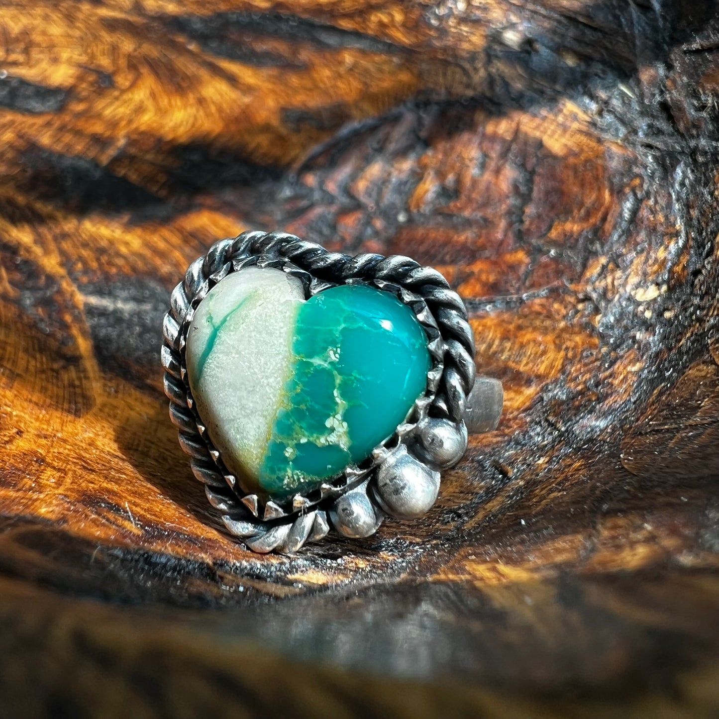 Sterling Silver Ribbon Turquoise Heart Ring Size 10 Adjustable