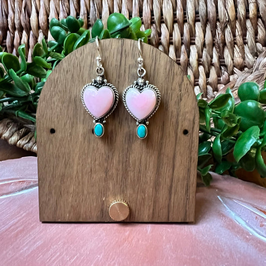 Pink Queen Conch Heart & Turquoise Dangle Earrings – Sterling Silver