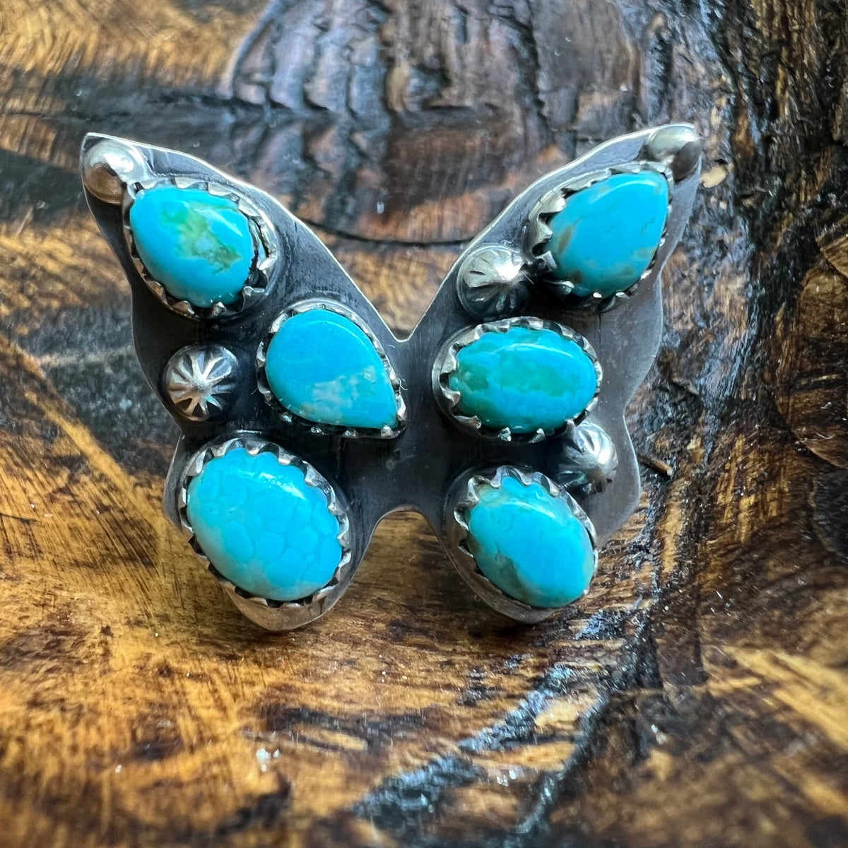 Sterling Silver Sonoran Gold Turquoise Butterfly Cluster Ring Size 6.5