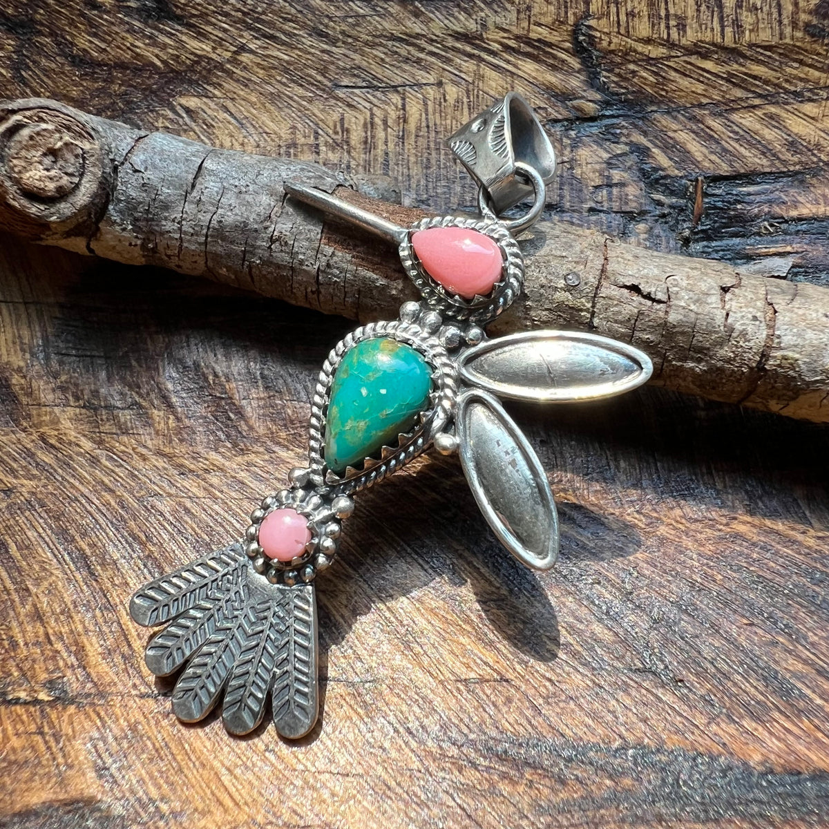 Sterling Silver Multi-Stone Hummingbird Pendant | Turquoise or Spiny Oyster