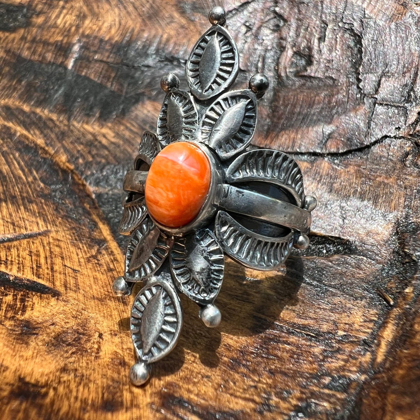 925 Sterling Silver Spiny Oyster Statement Ring Handmade Floral Size 9