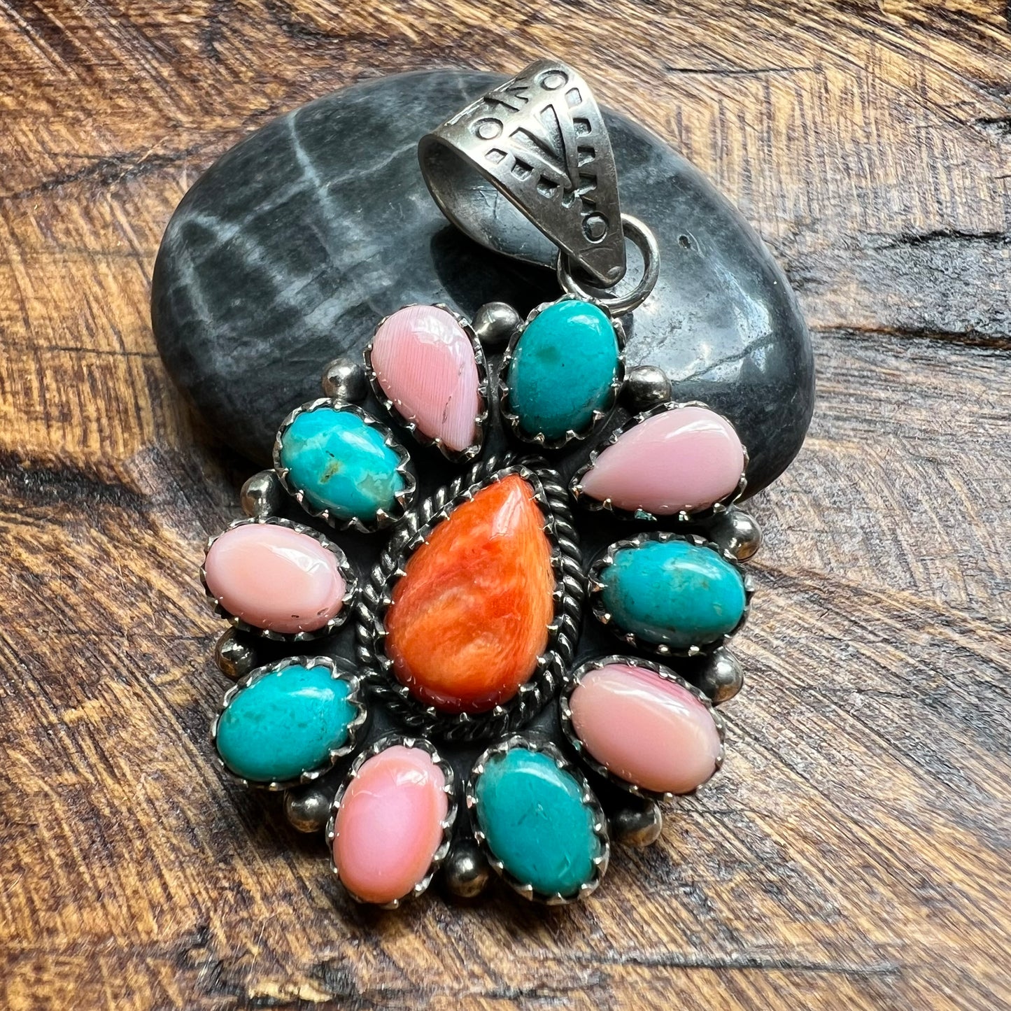 Sterling Kingman Turquoise Queen Conch Spiny Oyster Cluster Pendant