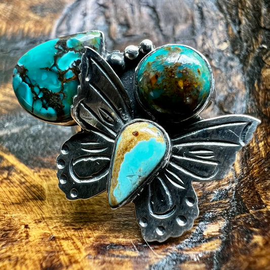 Kingman Turquoise Butterfly Ring | Handmade Sterling Silver Statement Ring Size 9