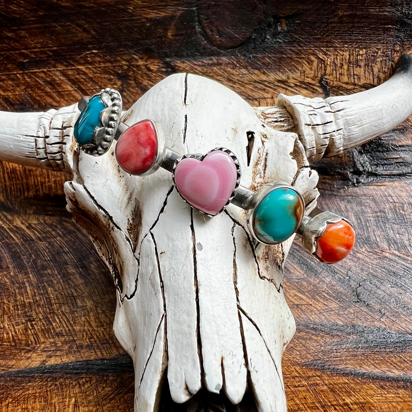 Multi-Stone Sterling Silver Cuff Bracelet | Turquoise, Queen Conch & Spiny Oyster | Size 7.5